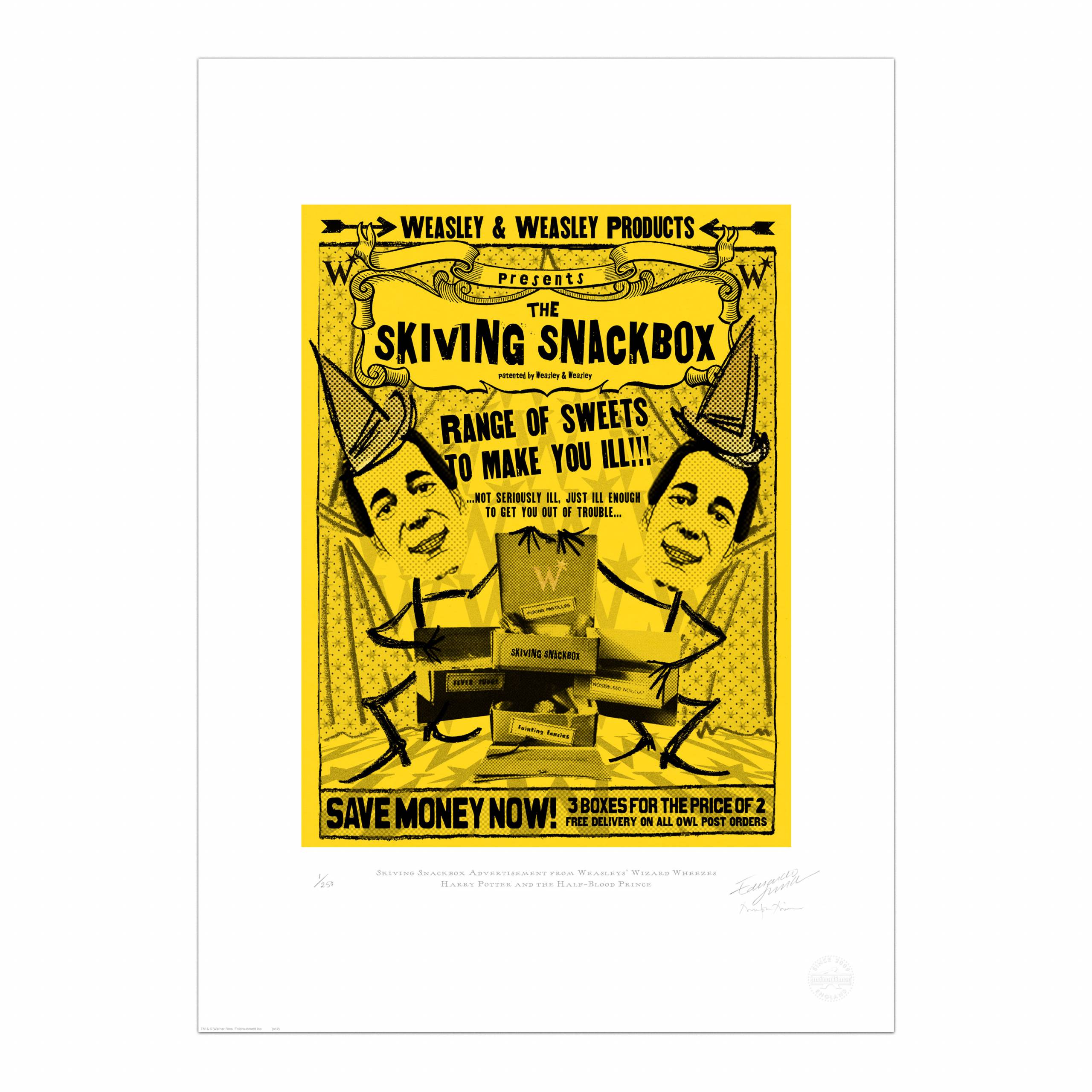 Skiving Snackbox Advertisement from Weasleys' Wizard Wheezes MinaLima