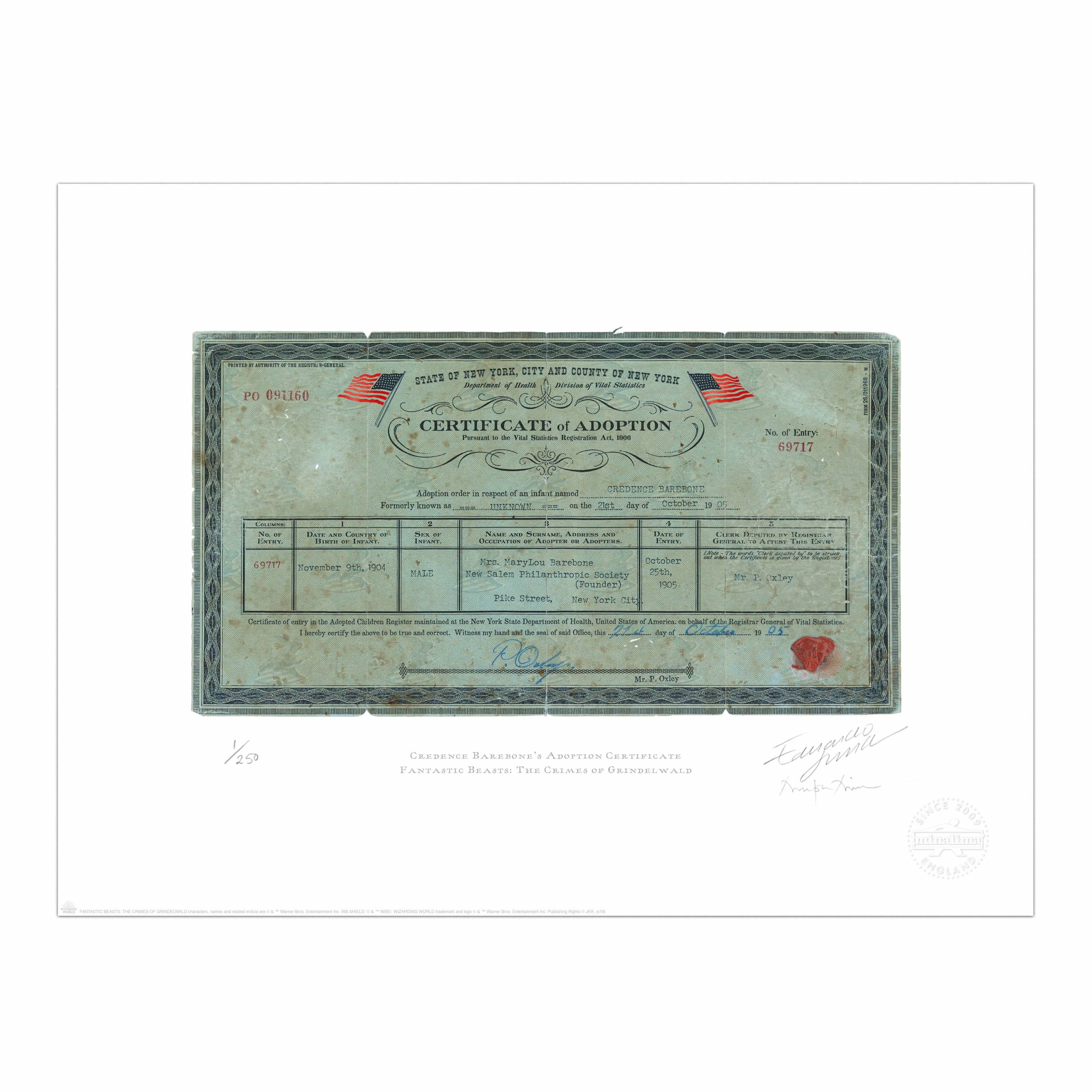 Credence Barebone's Adoption Certificate