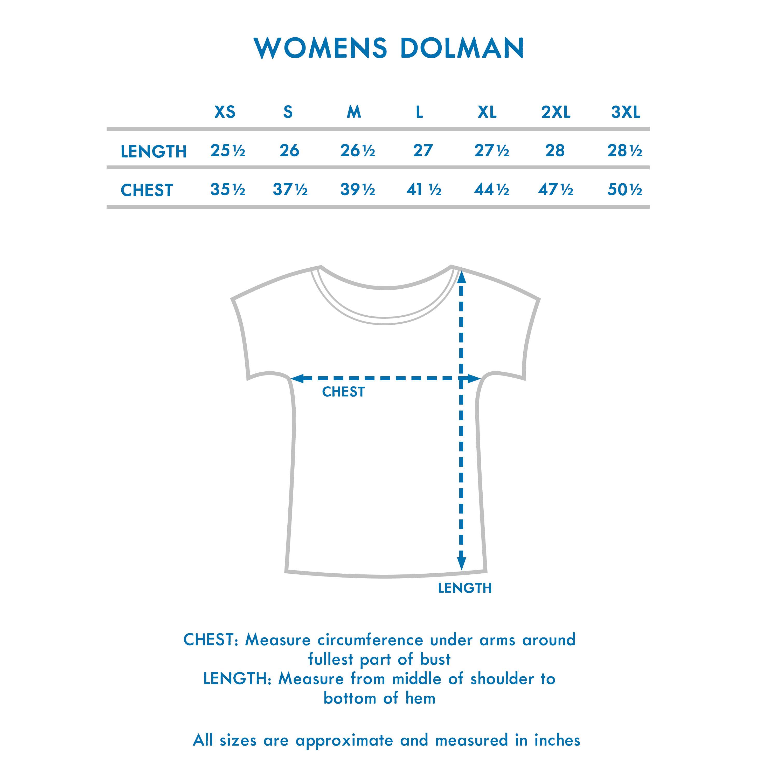 Dolman T-Shirt Size Chart