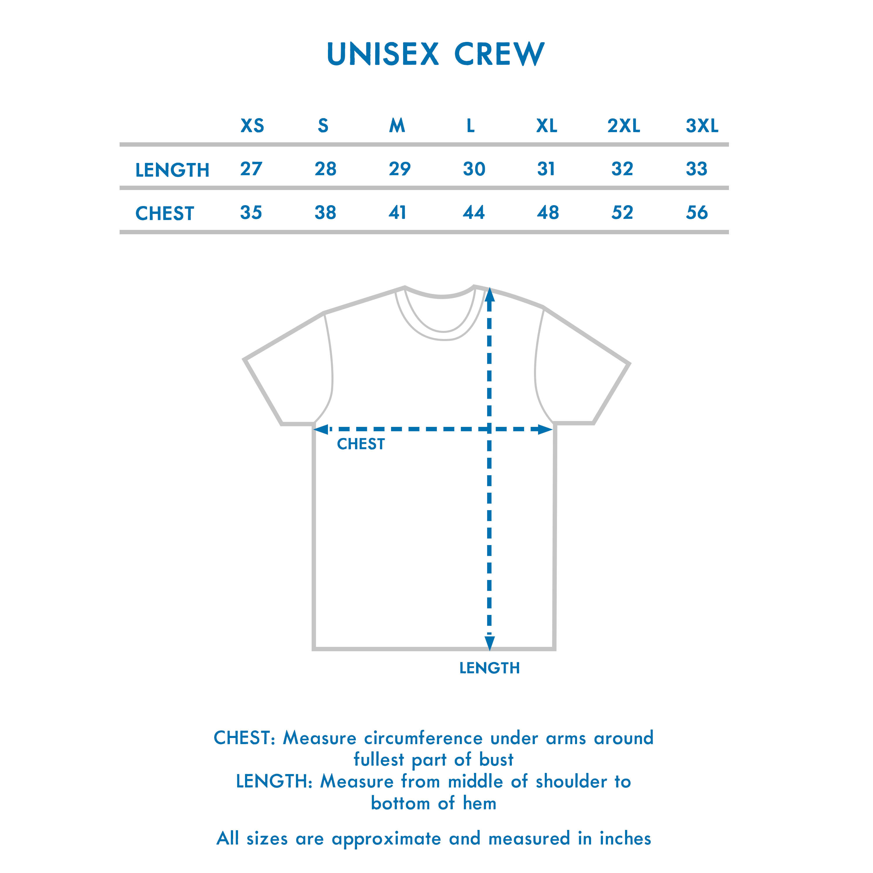 Unisex Crew T-Shirt Size Chart