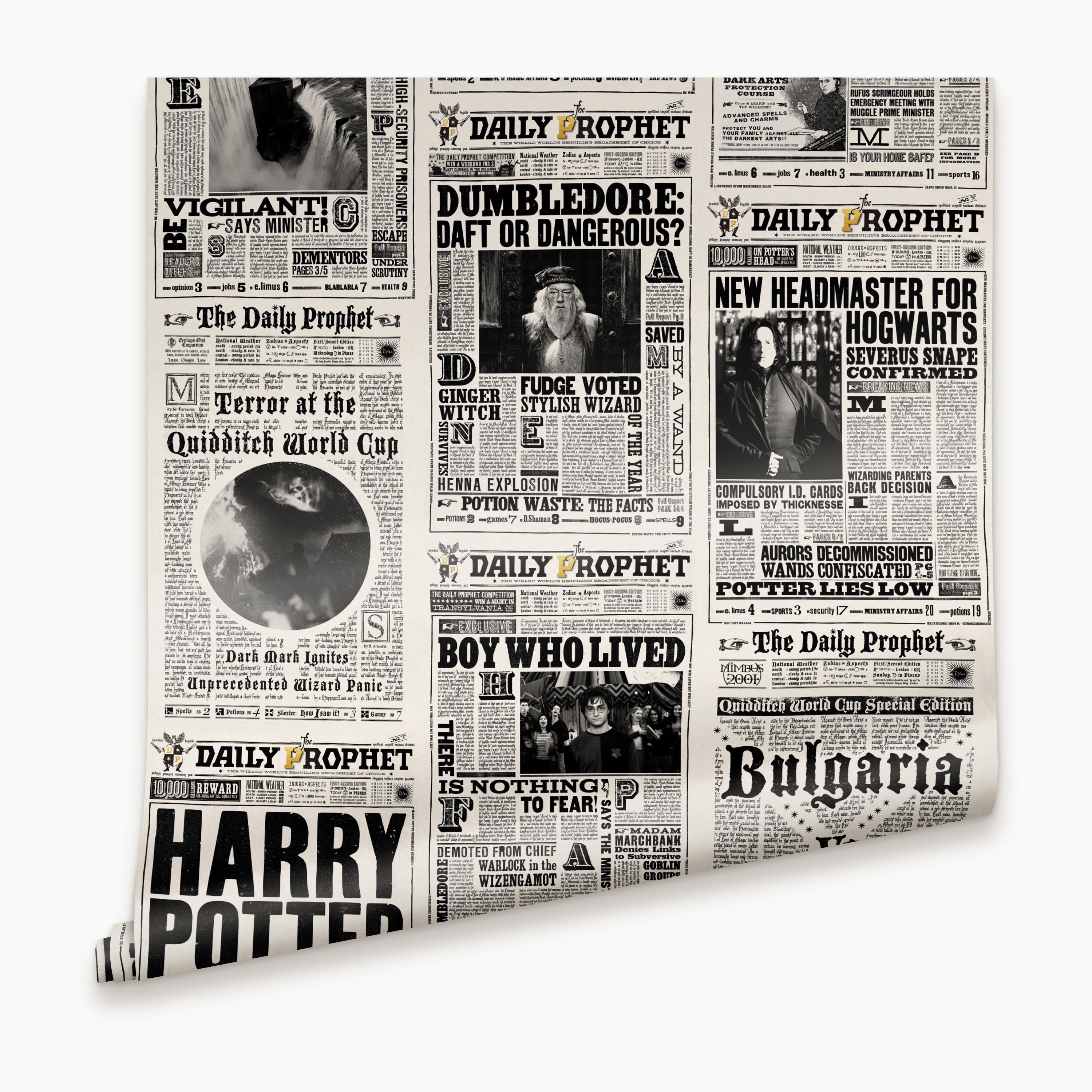 10m roll of deluxe wallpaper with twelve front pages from The Daily Prophet wizarding world newspaper from the ‘Harry Potter’ film series.