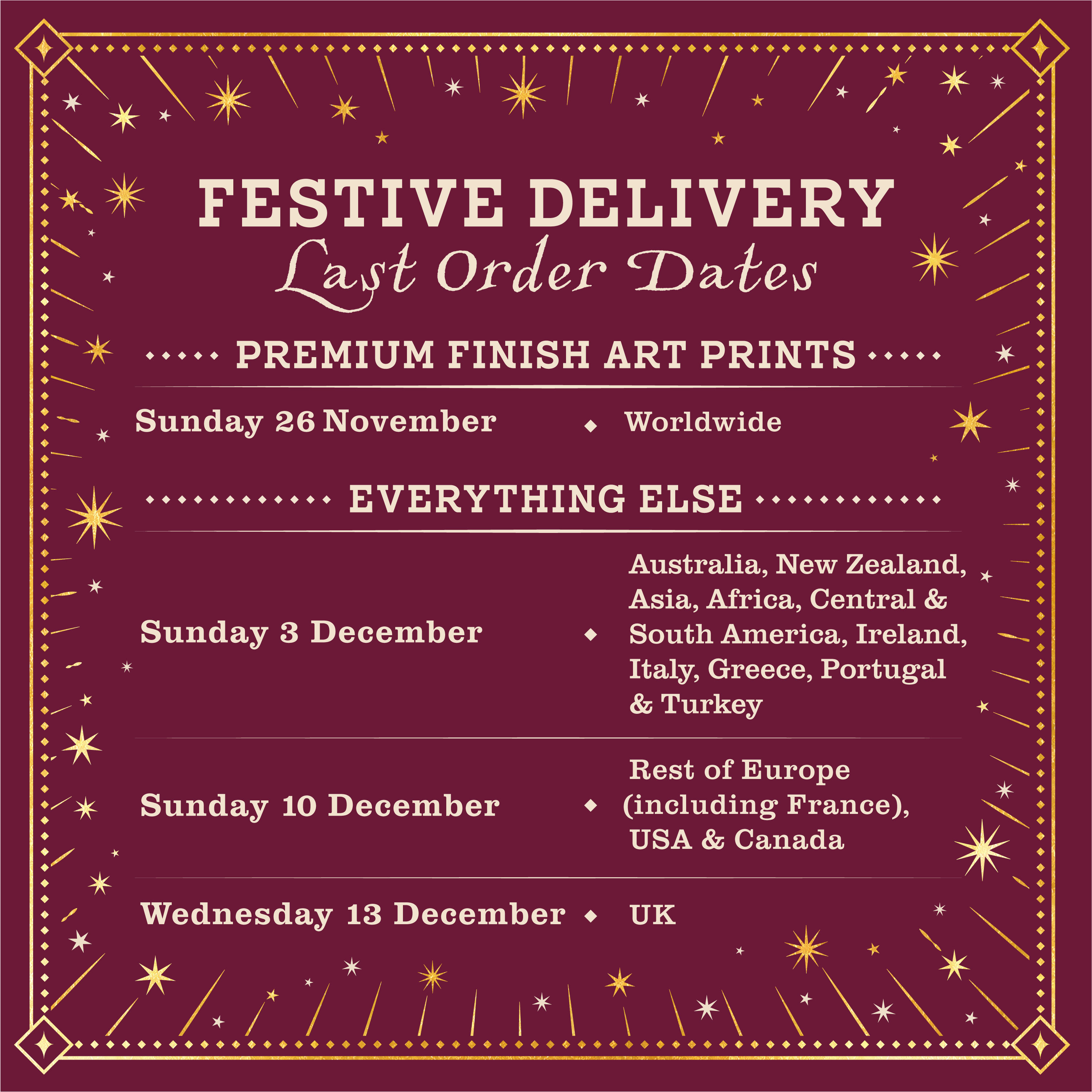 Festive Delivery - Last Order Dates