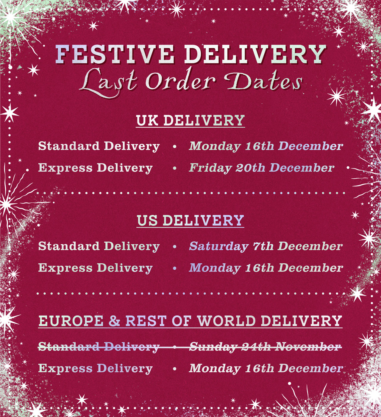 Festive delivery last order dates.