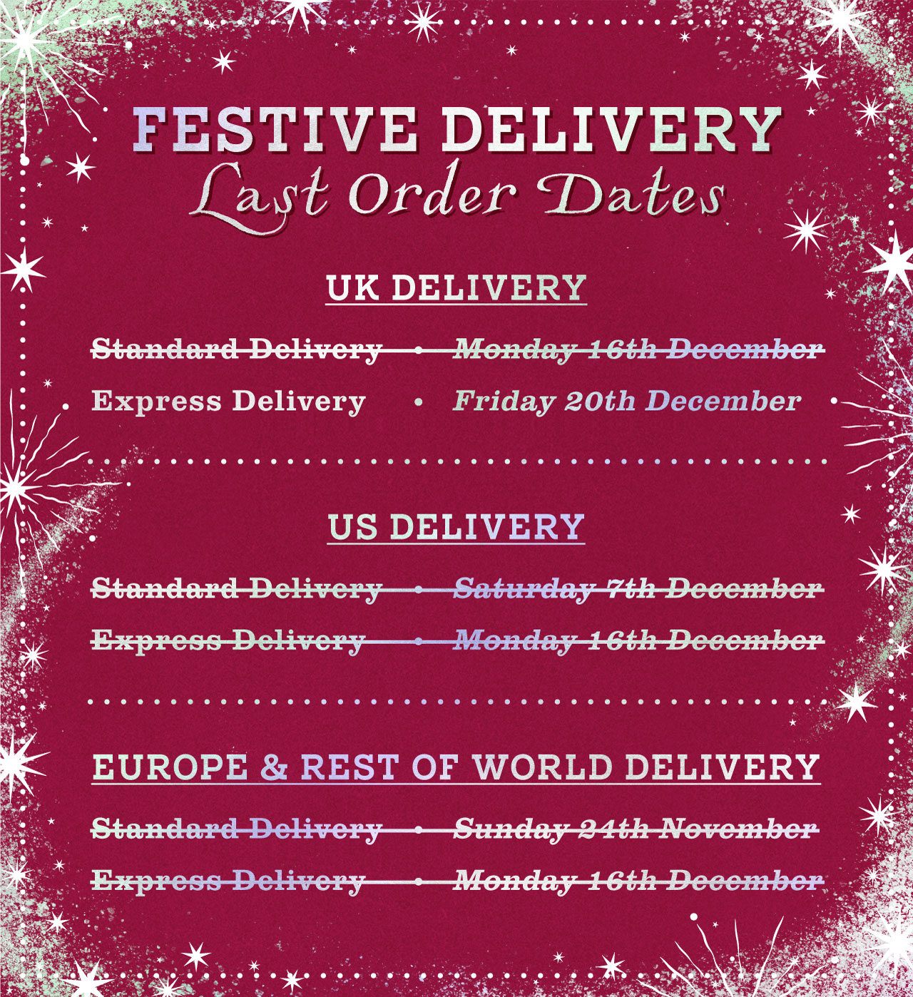 Festive delivery last order dates.