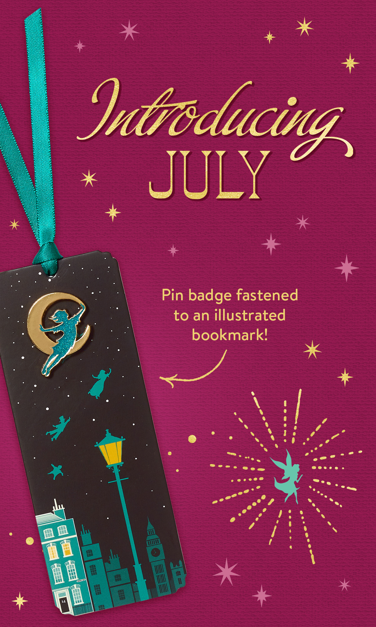 Introducing July - Pin badge fastened to an illustrated bookmark