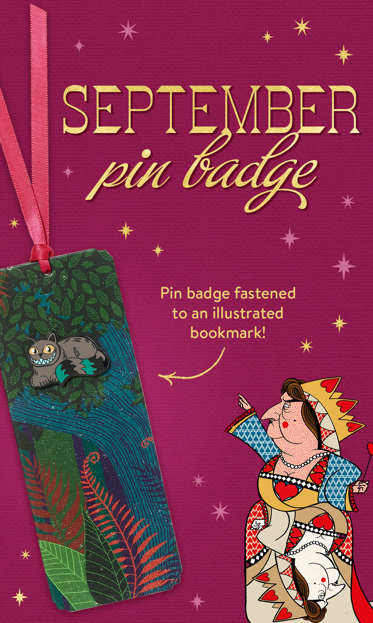Introducing July - Pin badge fastened to an illustrated bookmark