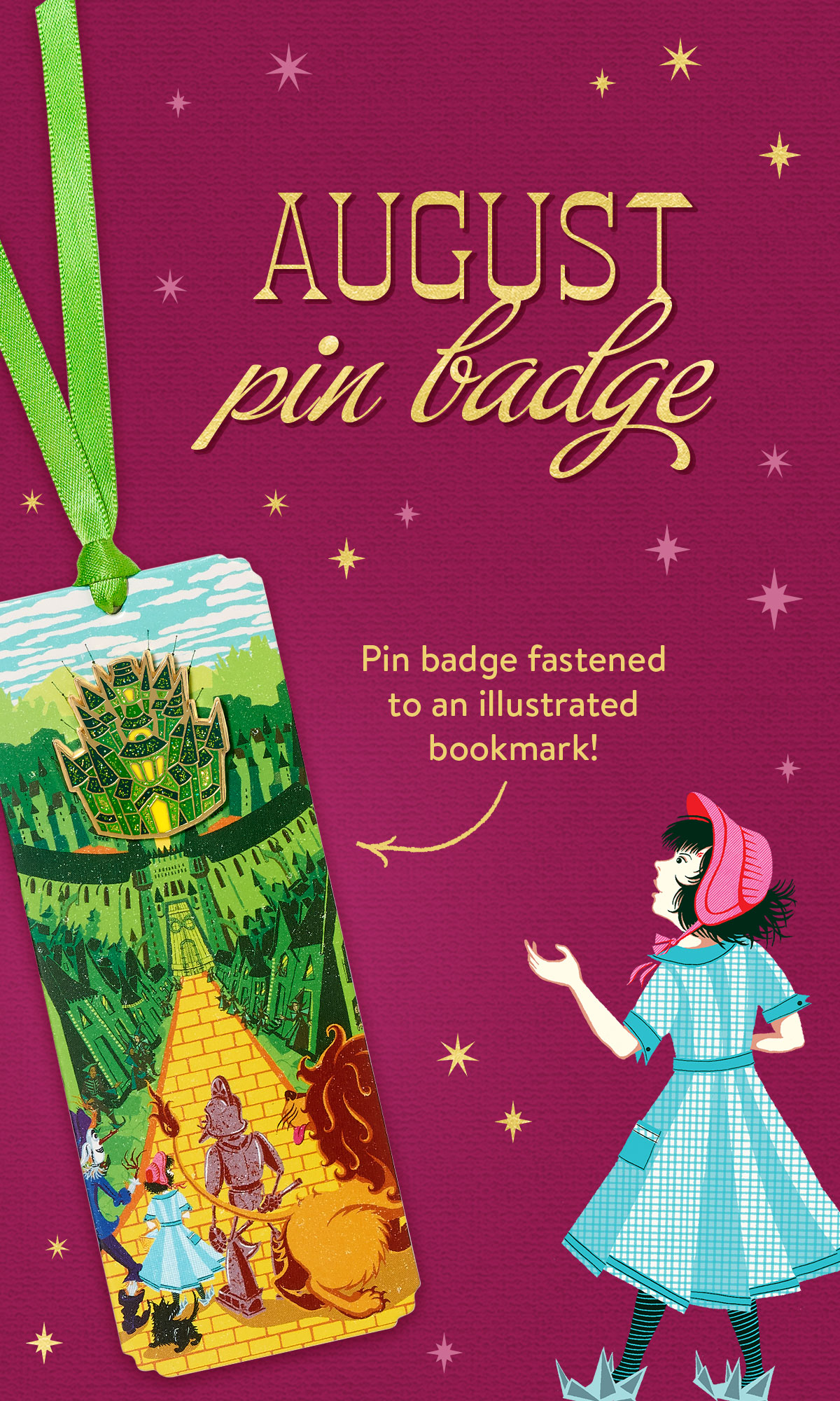 Introducing July - Pin badge fastened to an illustrated bookmark