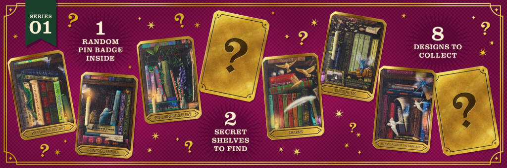 Mystery Pin Badge Series 01 - Wizarding Library. 1 random pin badge inside, 2 secret shelves to find, 8 designs to collect.
