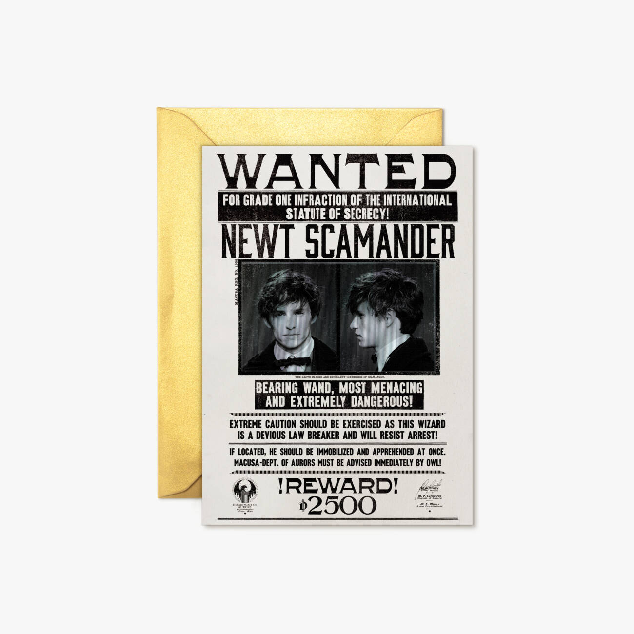 Newt Scamander Wanted Notice 3D lenticular notecard with gold envelope