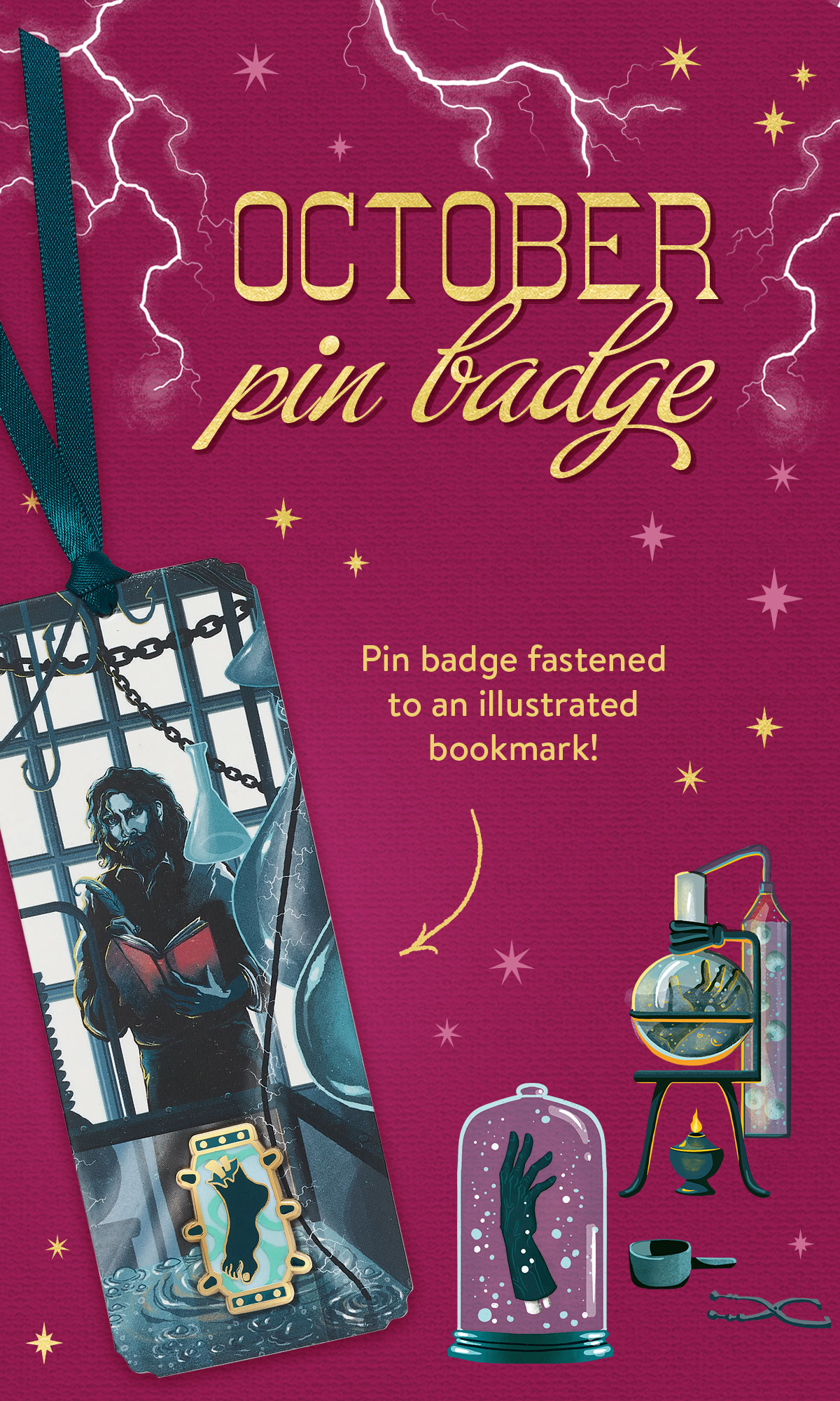 Introducing July - Pin badge fastened to an illustrated bookmark