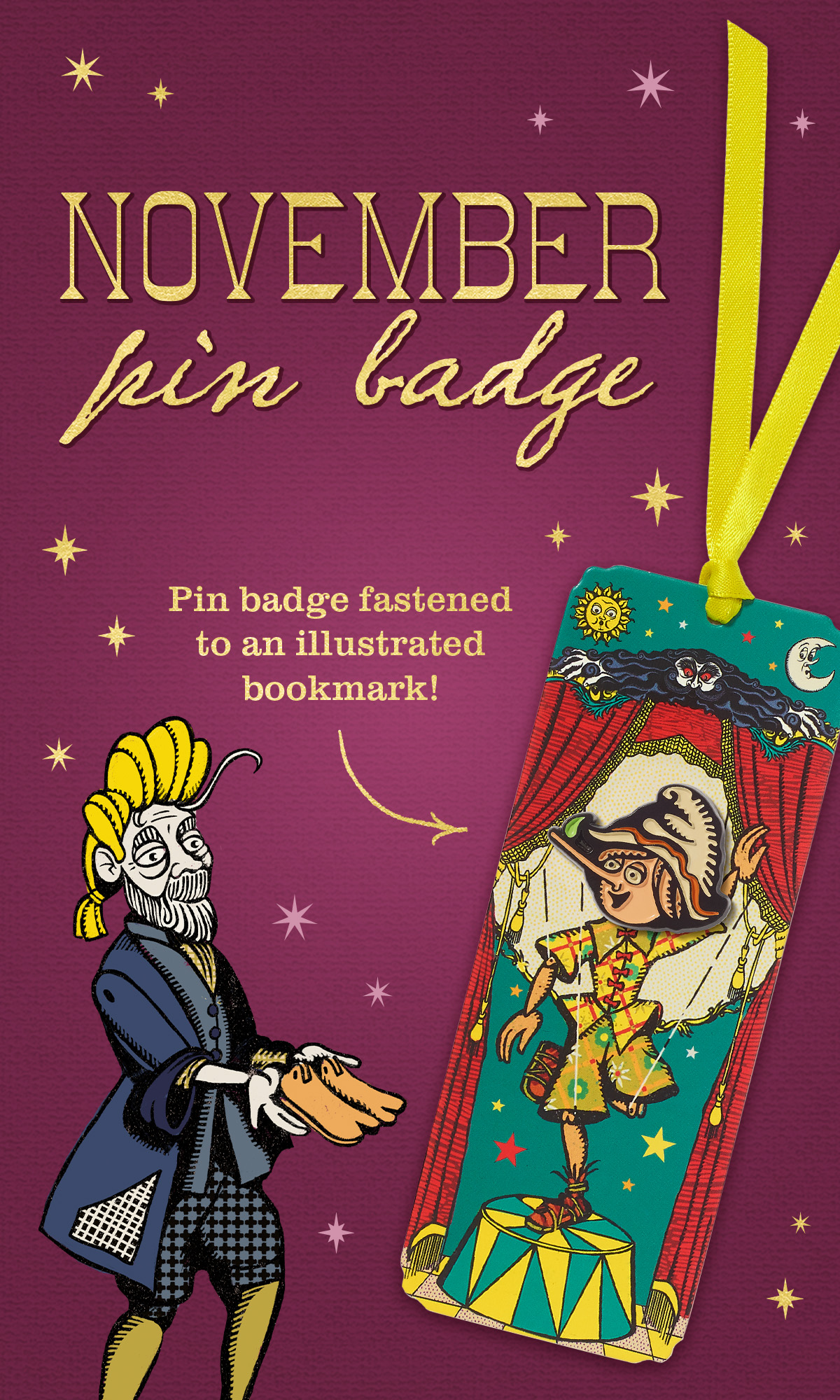 Introducing July - Pin badge fastened to an illustrated bookmark