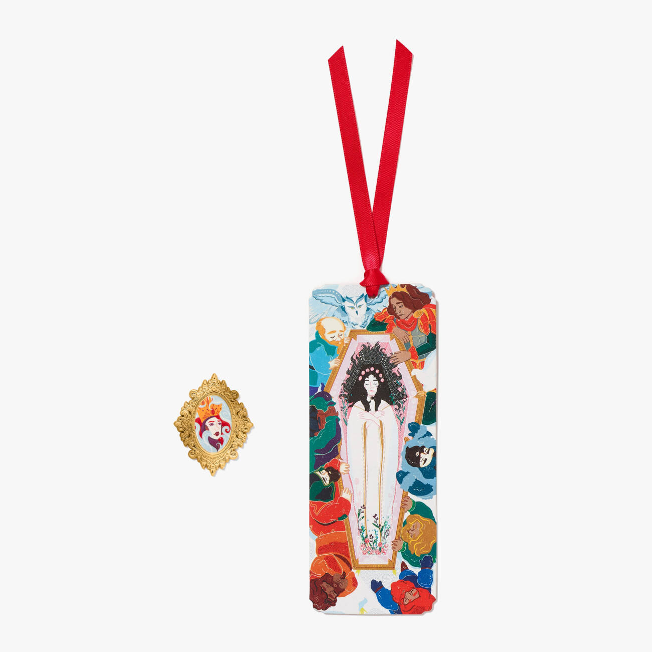 MinaLima Classics Snow White 'Who is the fairest, tell me, who?' pin badge and Illustrated bookmark