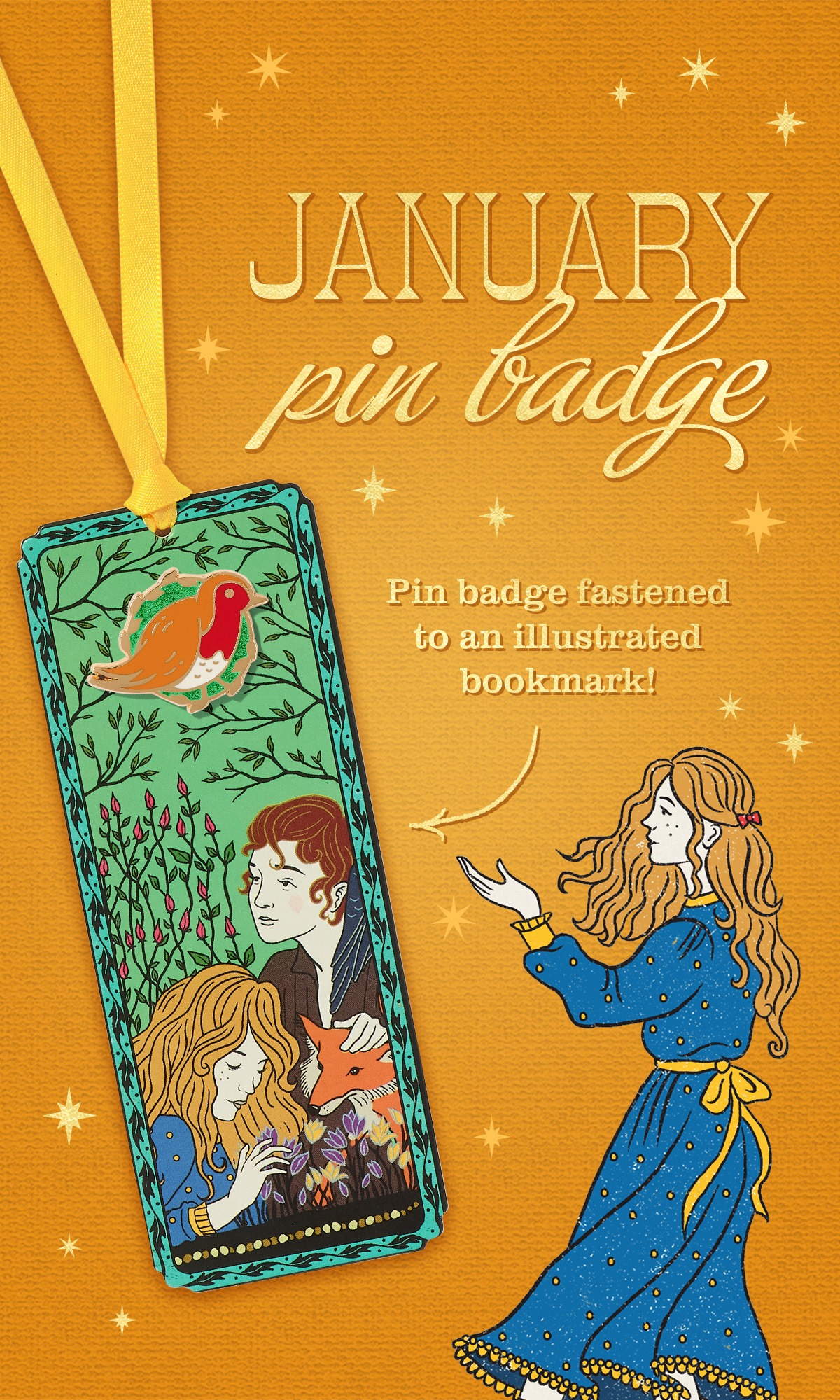 Introducing July - Pin badge fastened to an illustrated bookmark
