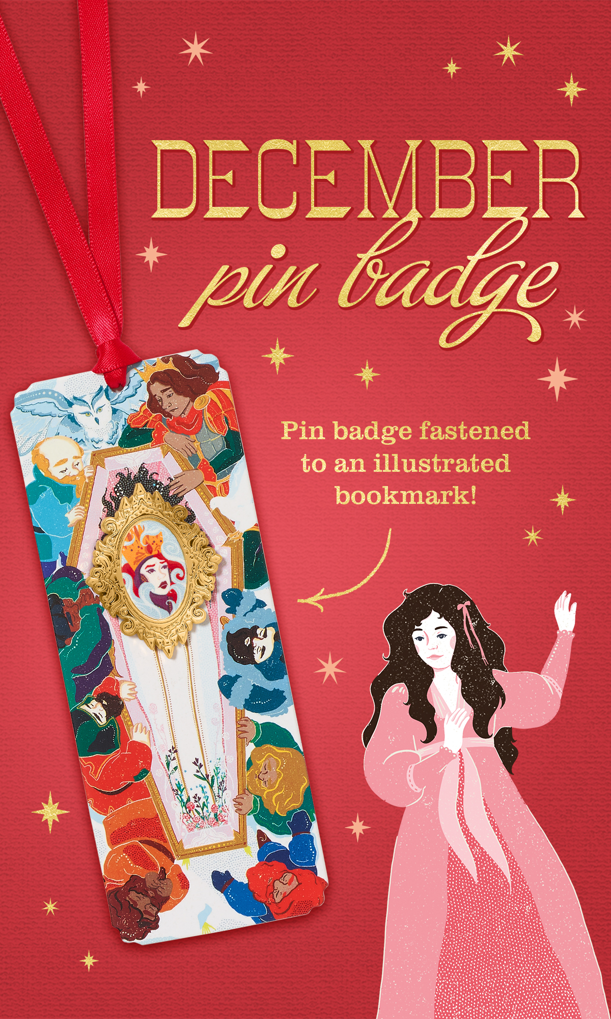 Introducing July - Pin badge fastened to an illustrated bookmark