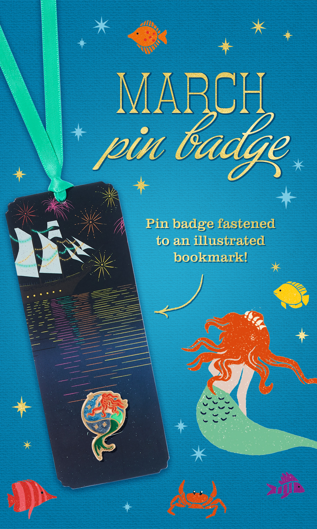 Introducing July - Pin badge fastened to an illustrated bookmark
