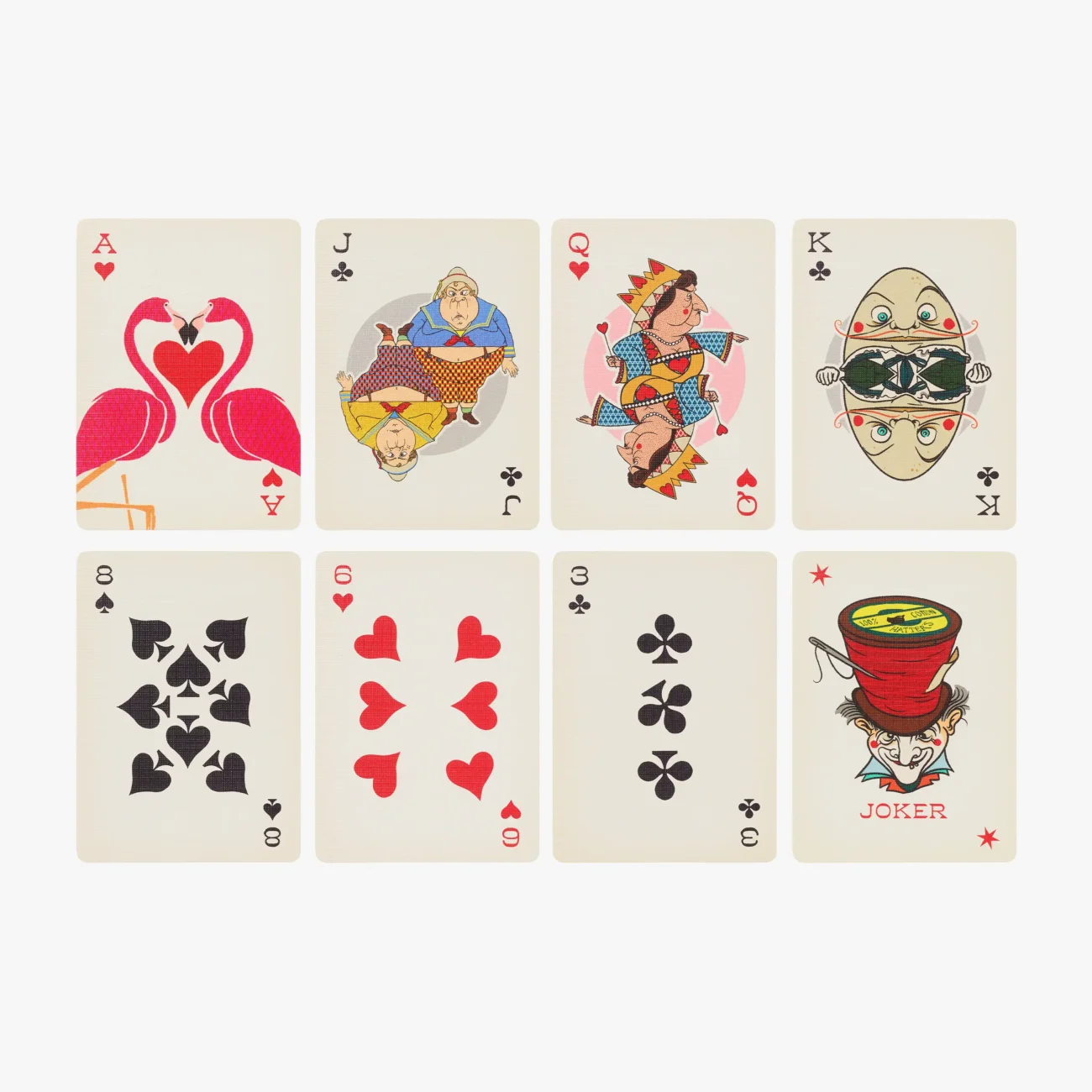 MinaLima Classics ‘Alice’s Adventures in Wonderland’ playing card set - 8 designs shown including Flamingo Ace of Heart, Mad Hatter Joker and Queen of Hearts.