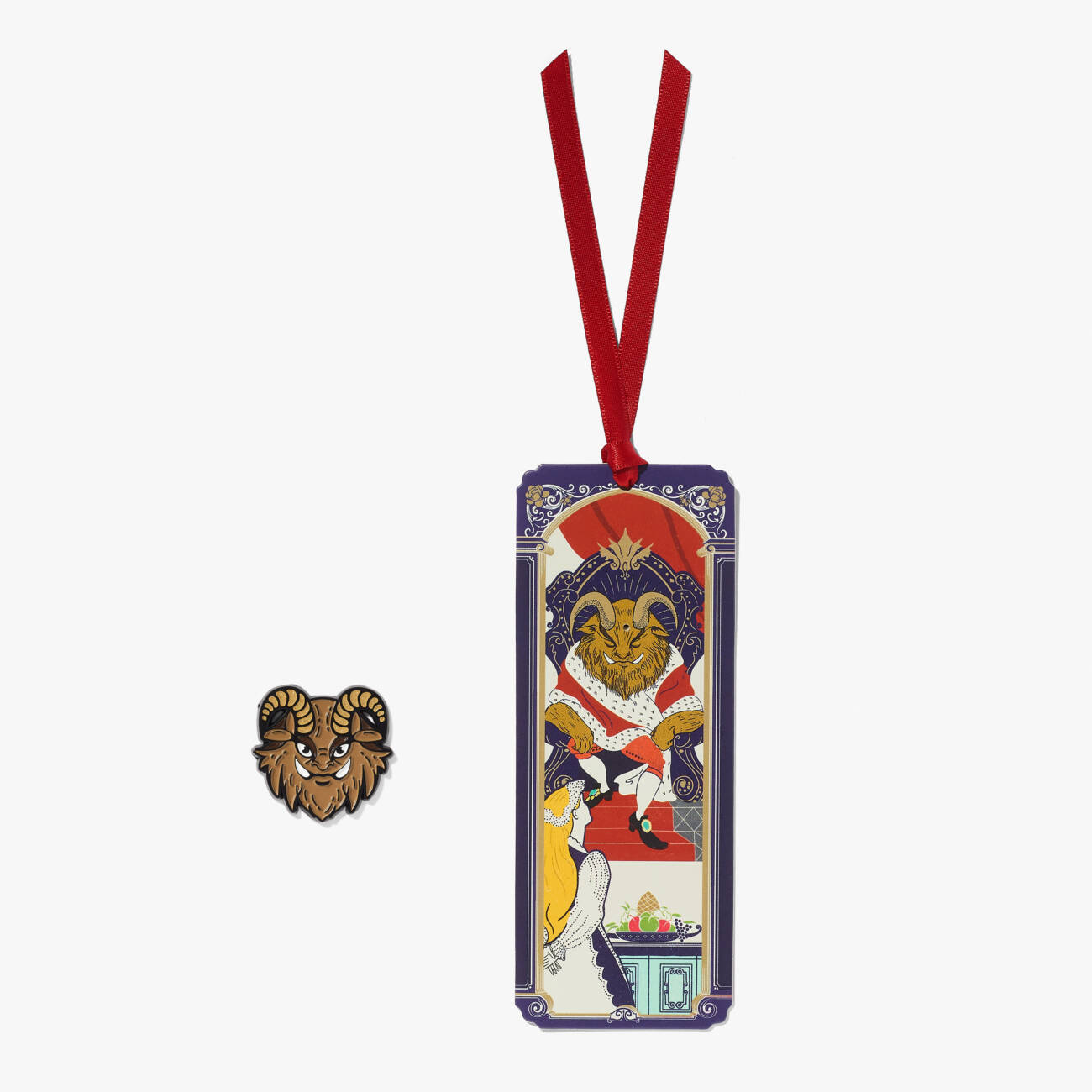 The Beauty and The Beast pin badge and illustrated bookmark.