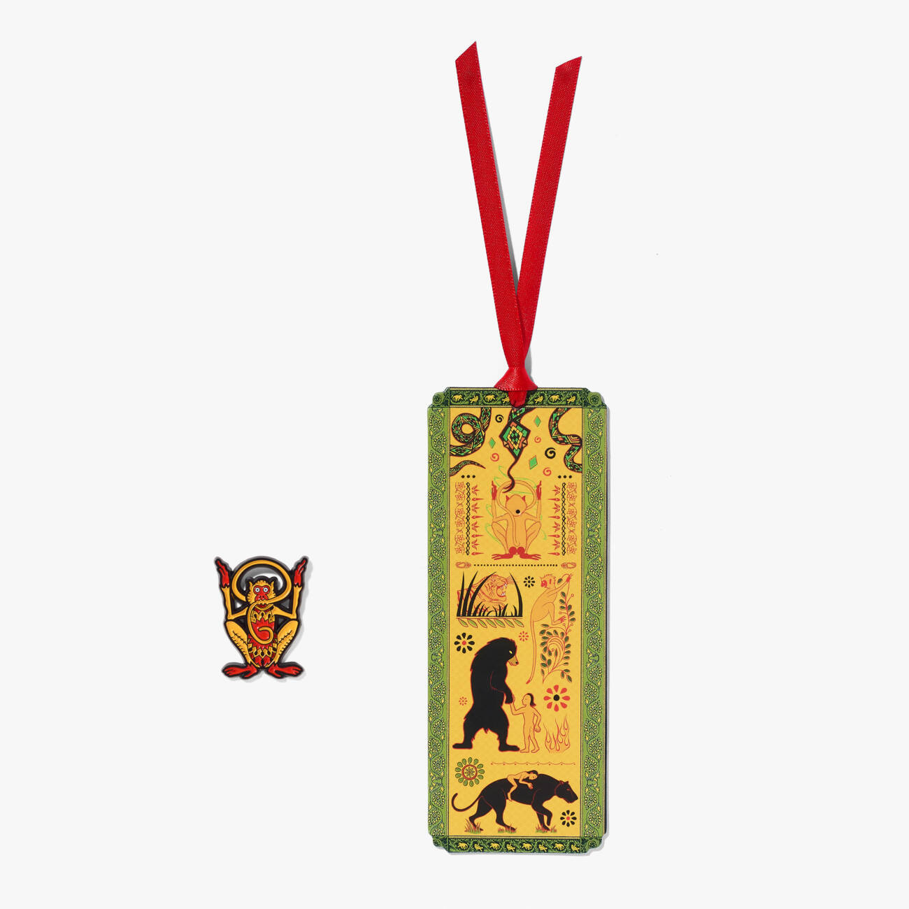 The Jungle Book Bandar-log (Monkey People) pin badge and themed illustrated bookmark.
