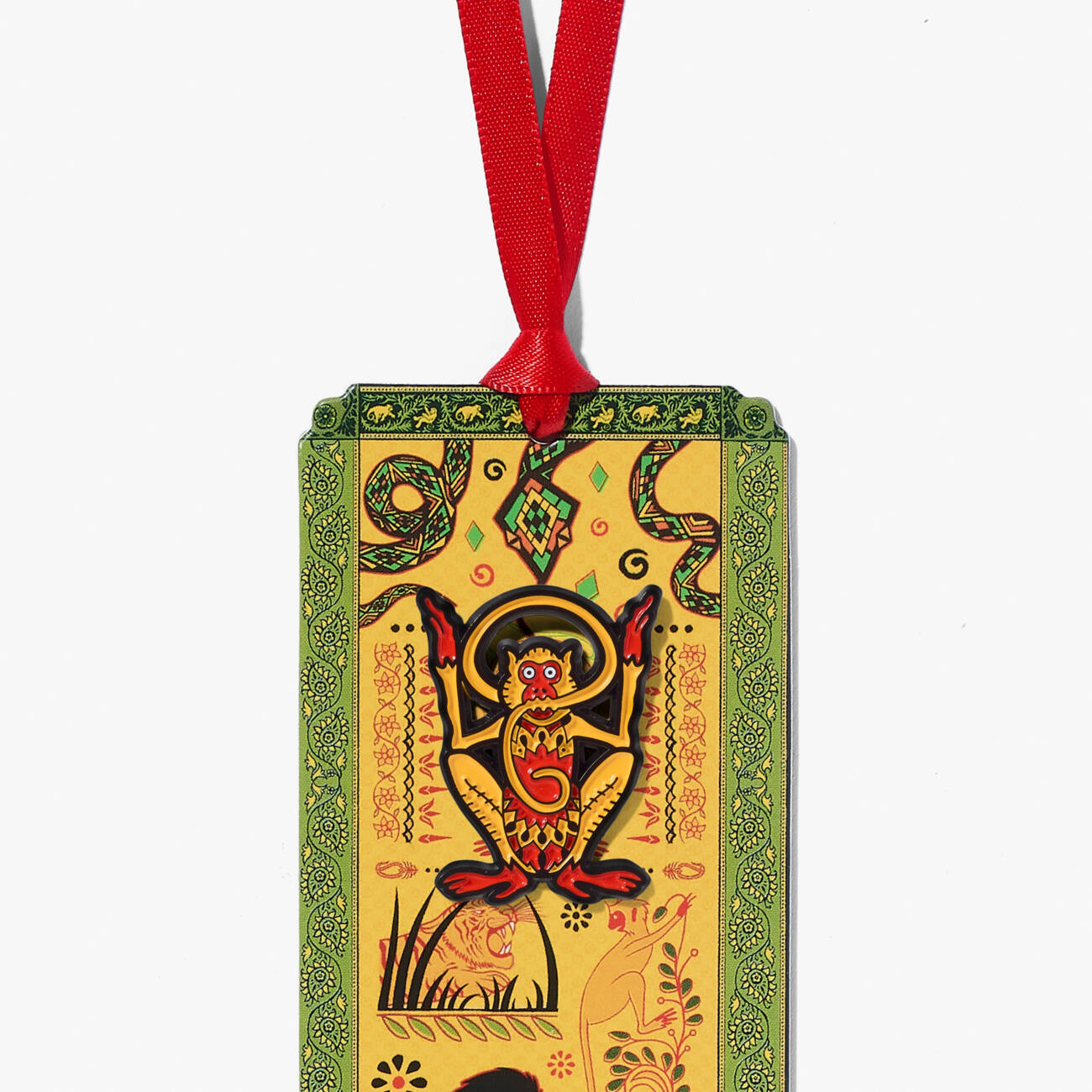 The Jungle Book Bandar-log (Monkey People) pin badge, fastened to a themed illustrated bookmark.