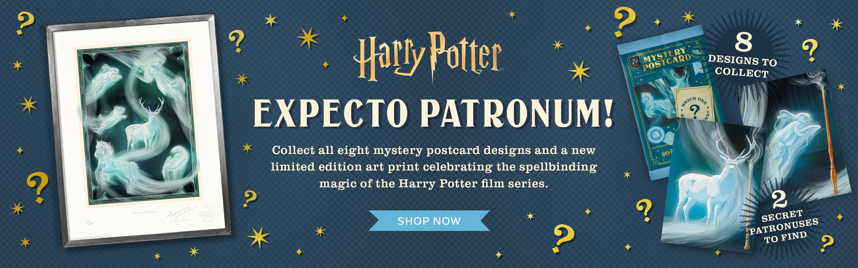 Harry Potter - Expecto Patronum! Collect all eight mystery postcard designs and a new limited edition art print celebrating the spellbinding magic of the Harry Potter film series.