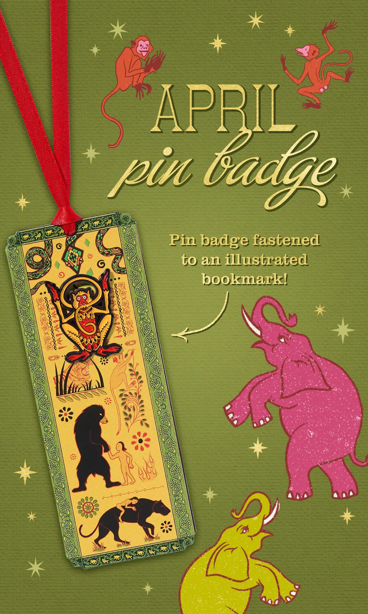 Introducing July - Pin badge fastened to an illustrated bookmark