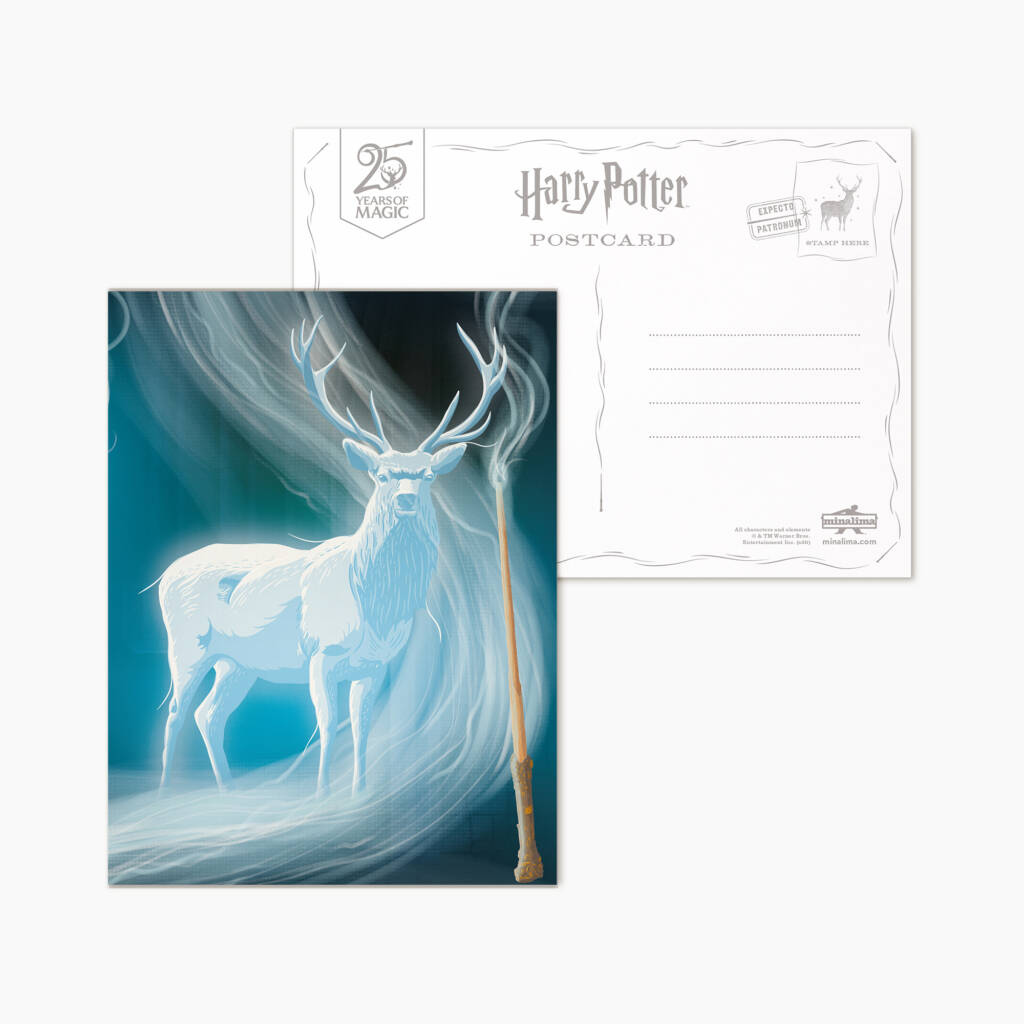 Harry's stag Patronus postcard from the Harry Potter Mystery Postcard Series 04 (front and back view)