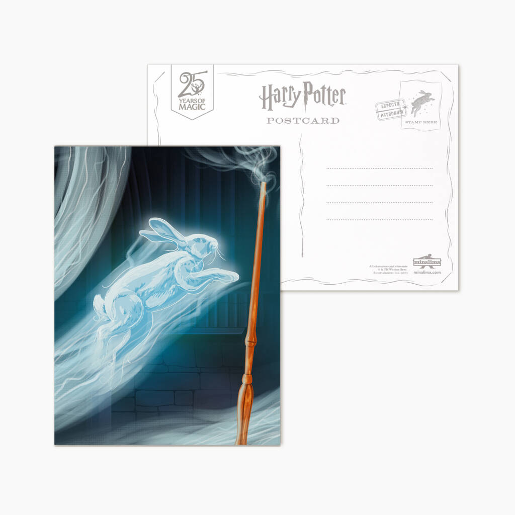Luna's hare Patronus postcard from the Harry Potter Mystery Postcard Series 04 (front and back view)