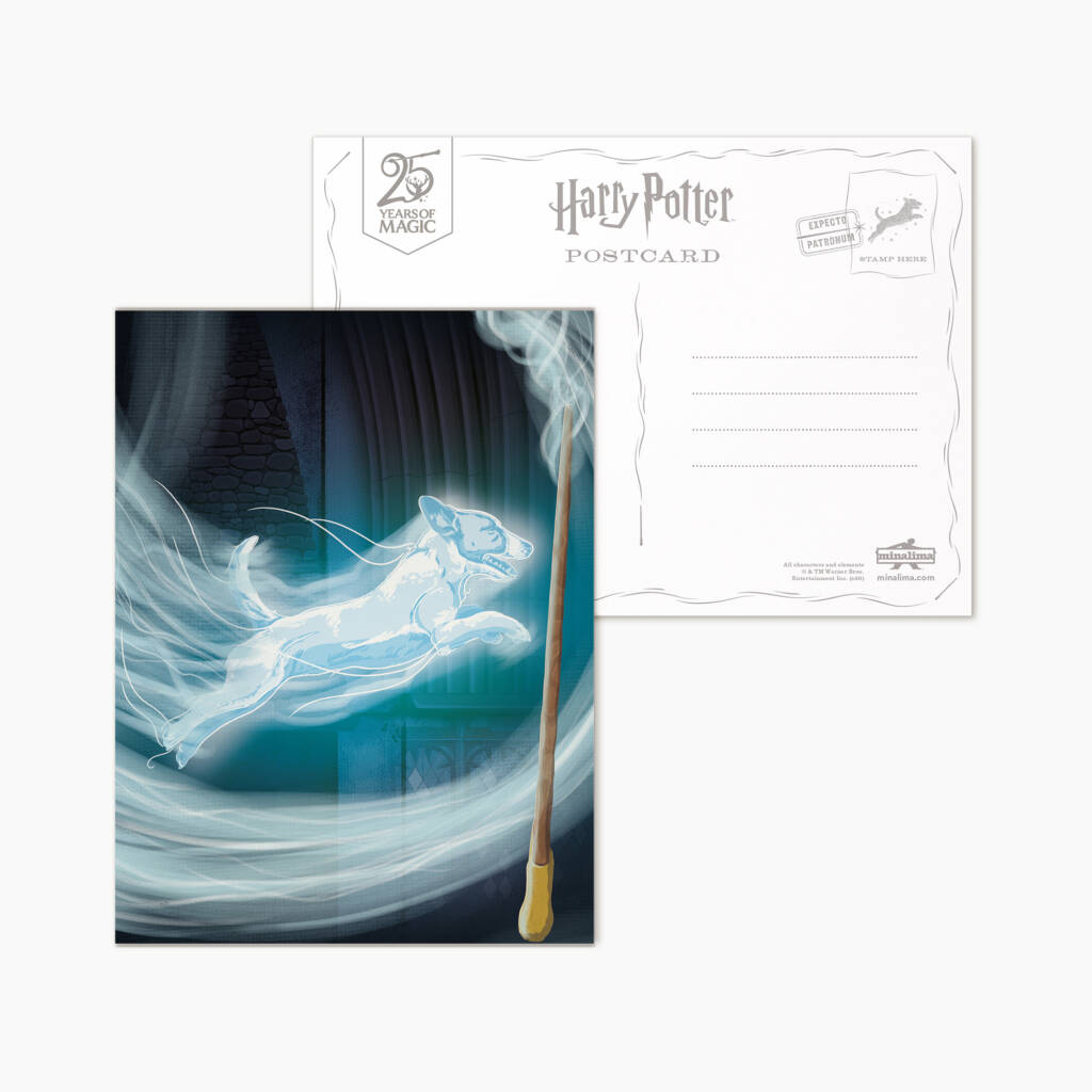 Ron's Jack Russell Patronus postcard from the Harry Potter Mystery Postcard Series 04 (front and back view)