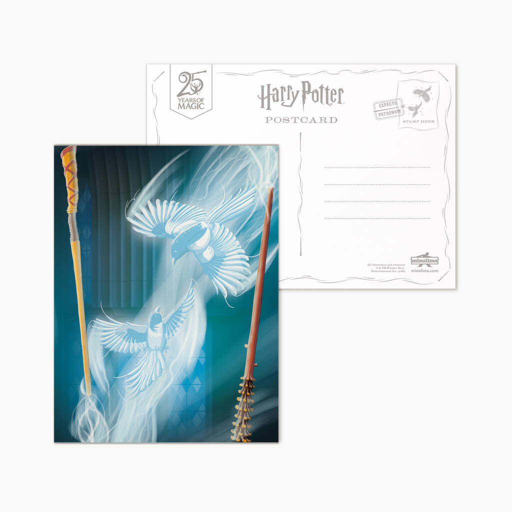 Fred and George Weasley's magpies Patronus postcard from the Harry Potter Mystery Postcard Series 04 (front and back view)