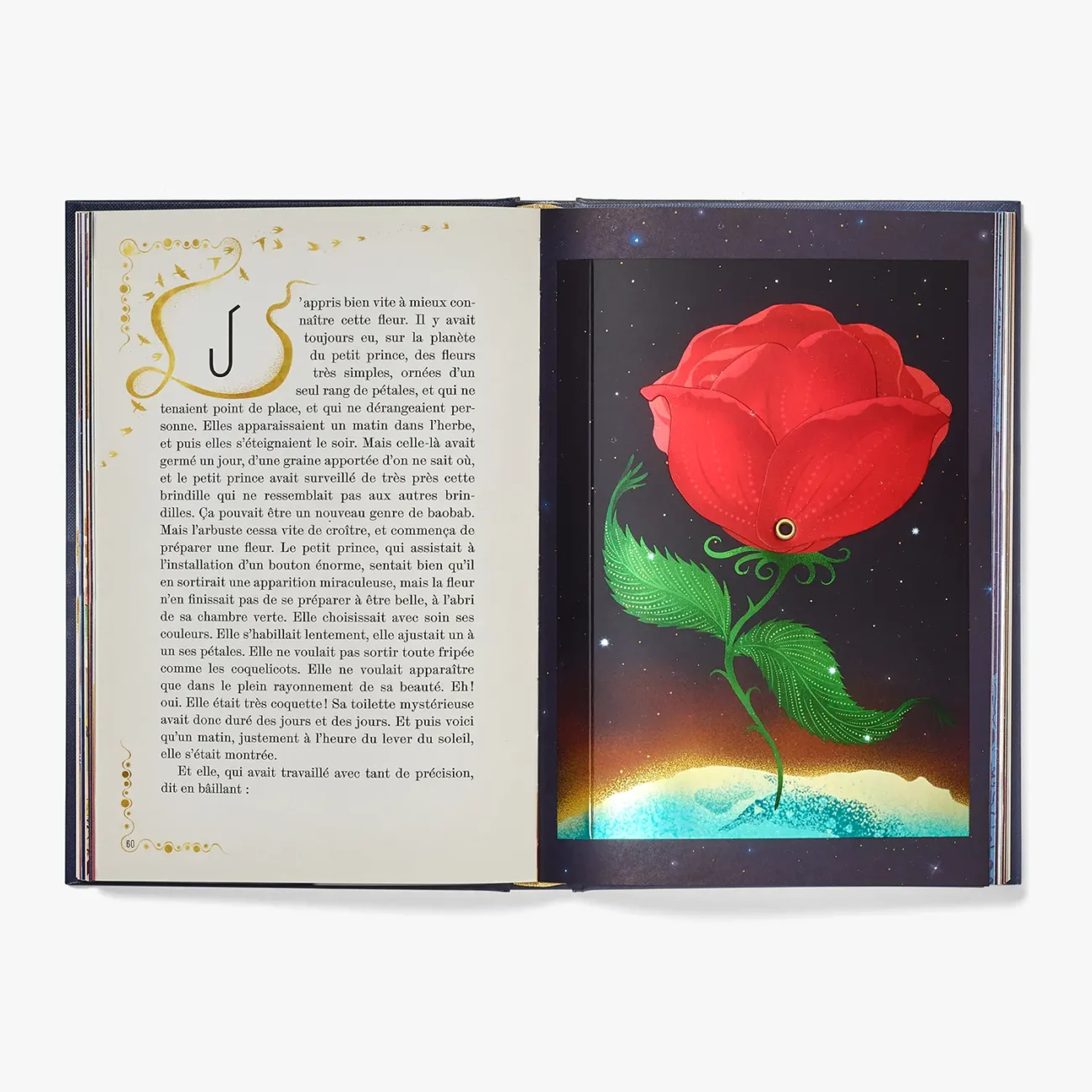 Le Petit Prince (French edition) by Antoine de Saint-Exupéry, Illustrated by MinaLima - paper-engineered Rose element - closed.