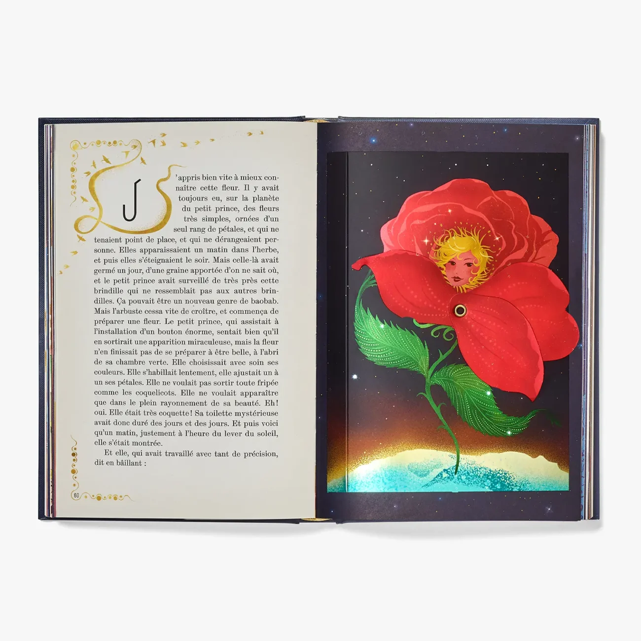 Le Petit Prince (French edition) by Antoine de Saint-Exupéry, Illustrated by MinaLima - paper-engineered Rose element - open.