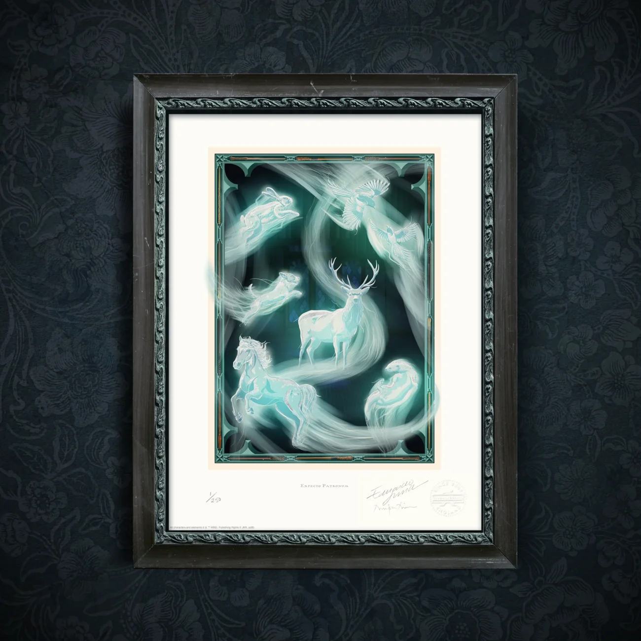 'Expecto Patronum' limited edition premium art print featuring a collection of magical Patronuses from the Harry Potter film series (framed view)