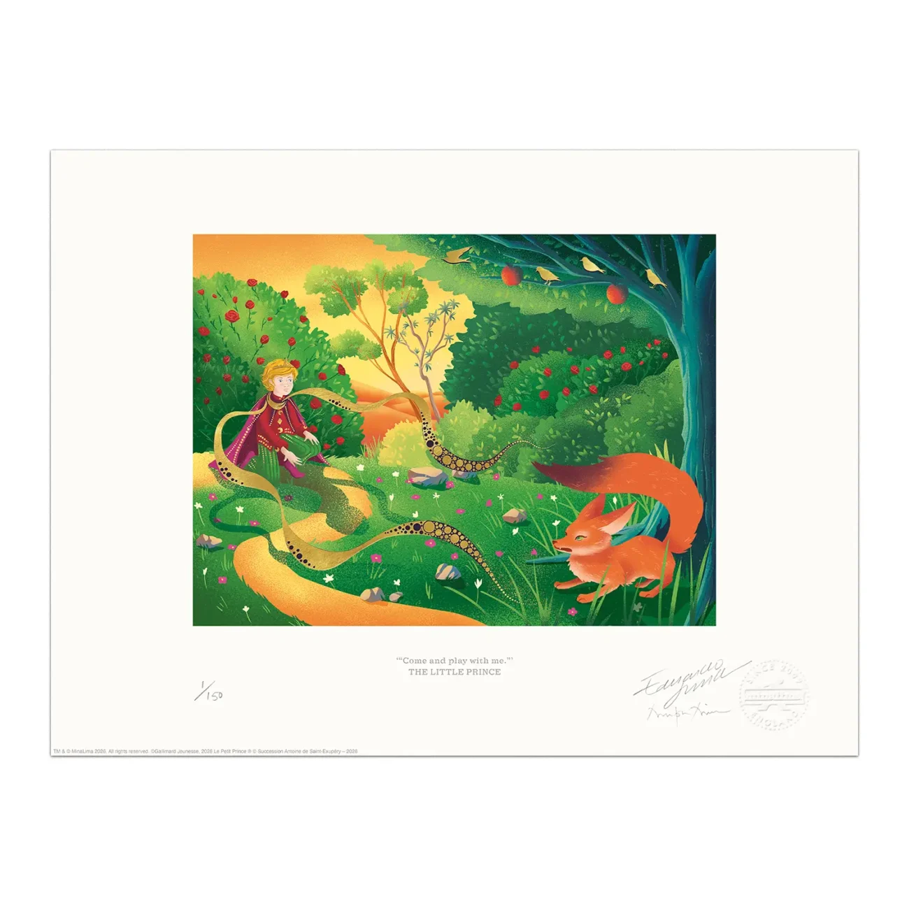 Limited edition art print "Come and play with me" featuring the encounter with The Fox, taken from MinaLima's Illustrated edition of 'The Little Prince' by Antoine de Saint-Exupéry