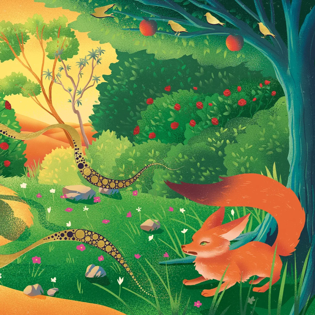 Limited edition art print "Come and play with me" featuring the encounter with The Fox, taken from MinaLima's Illustrated edition of 'The Little Prince' by Antoine de Saint-Exupéry (close-up detail)