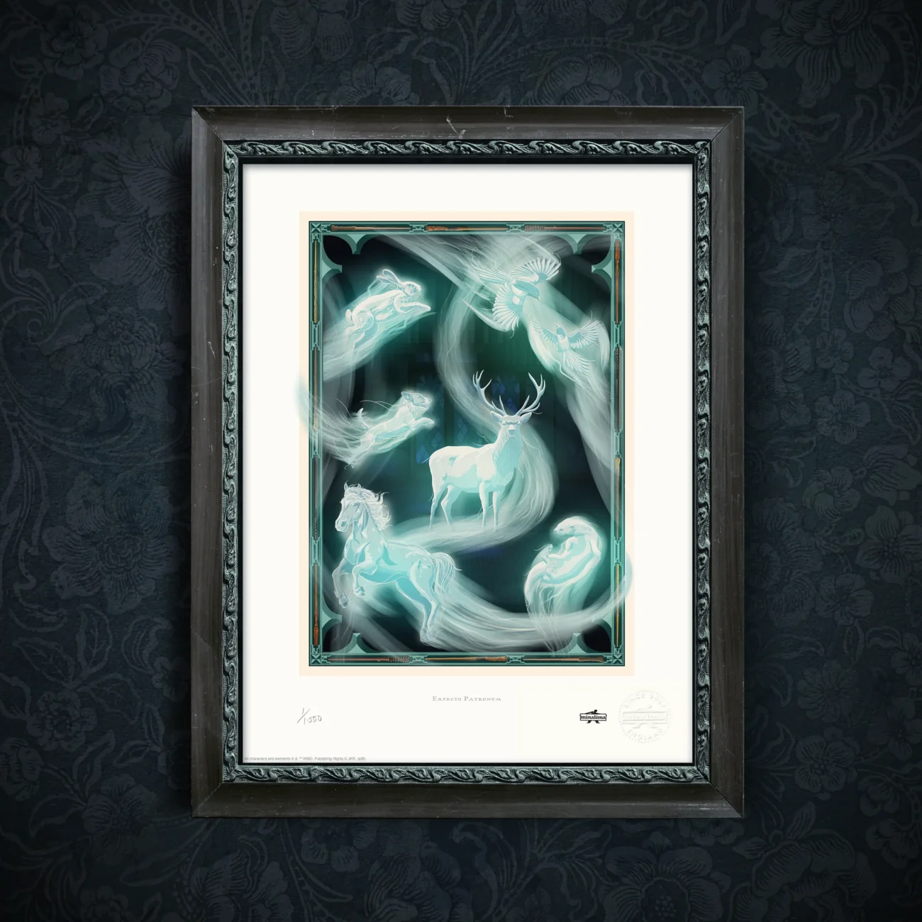 'Expecto Patronum' limited edition standard art print with silver foiling featuring a collection of magical Patronuses from the Harry Potter film series (framed view)