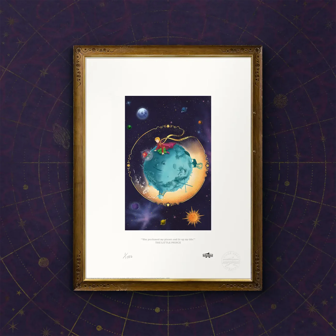 Limited edition art print “She perfumed my planet and lit up my life”, taken from The Little Prince by Antoine de Saint-Exupéry from the MinaLima Illustrated edition (framed view).