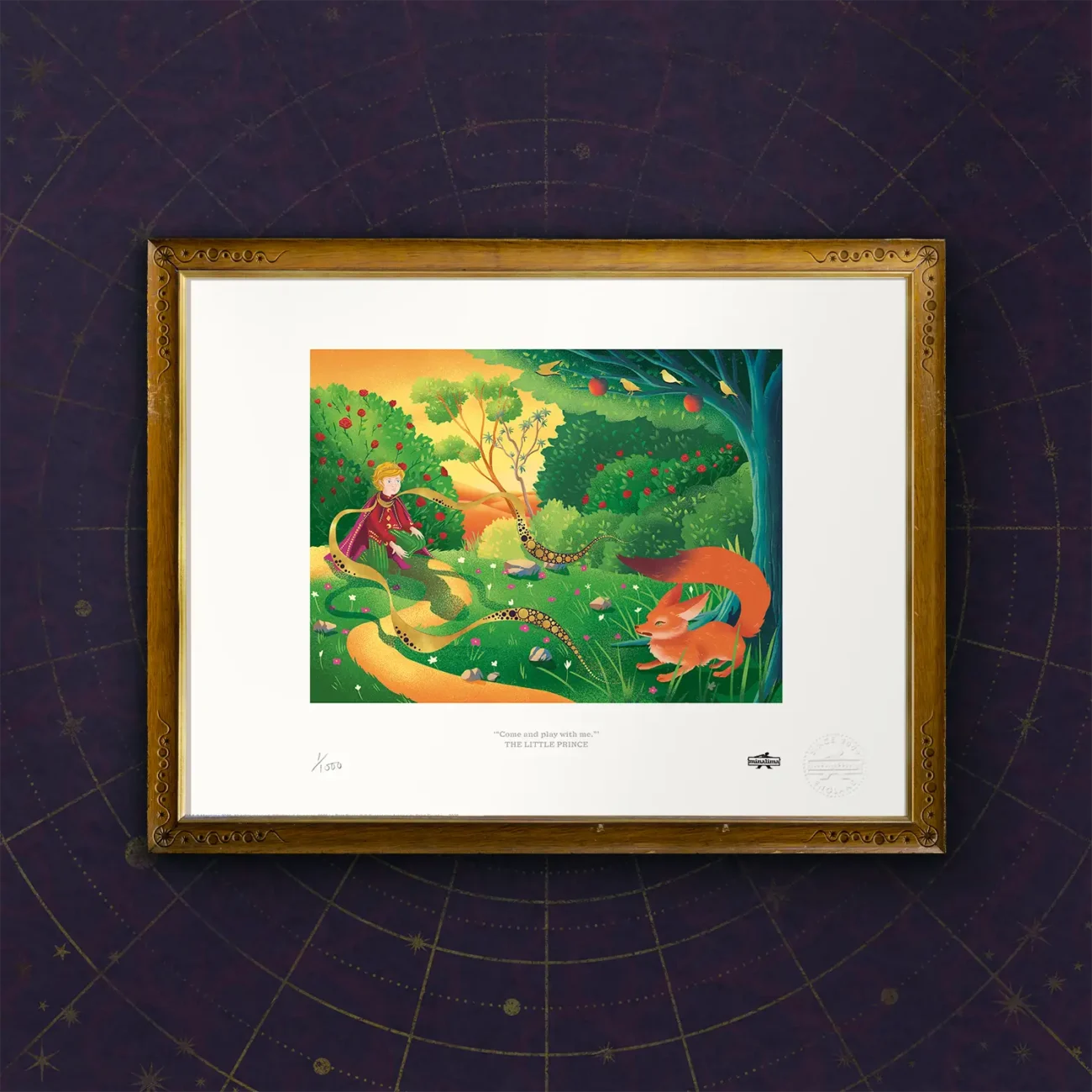 Limited edition art print "Come and play with me" featuring the encounter with The Fox, taken from MinaLima's Illustrated edition of 'The Little Prince' by Antoine de Saint-Exupéry (framed view).