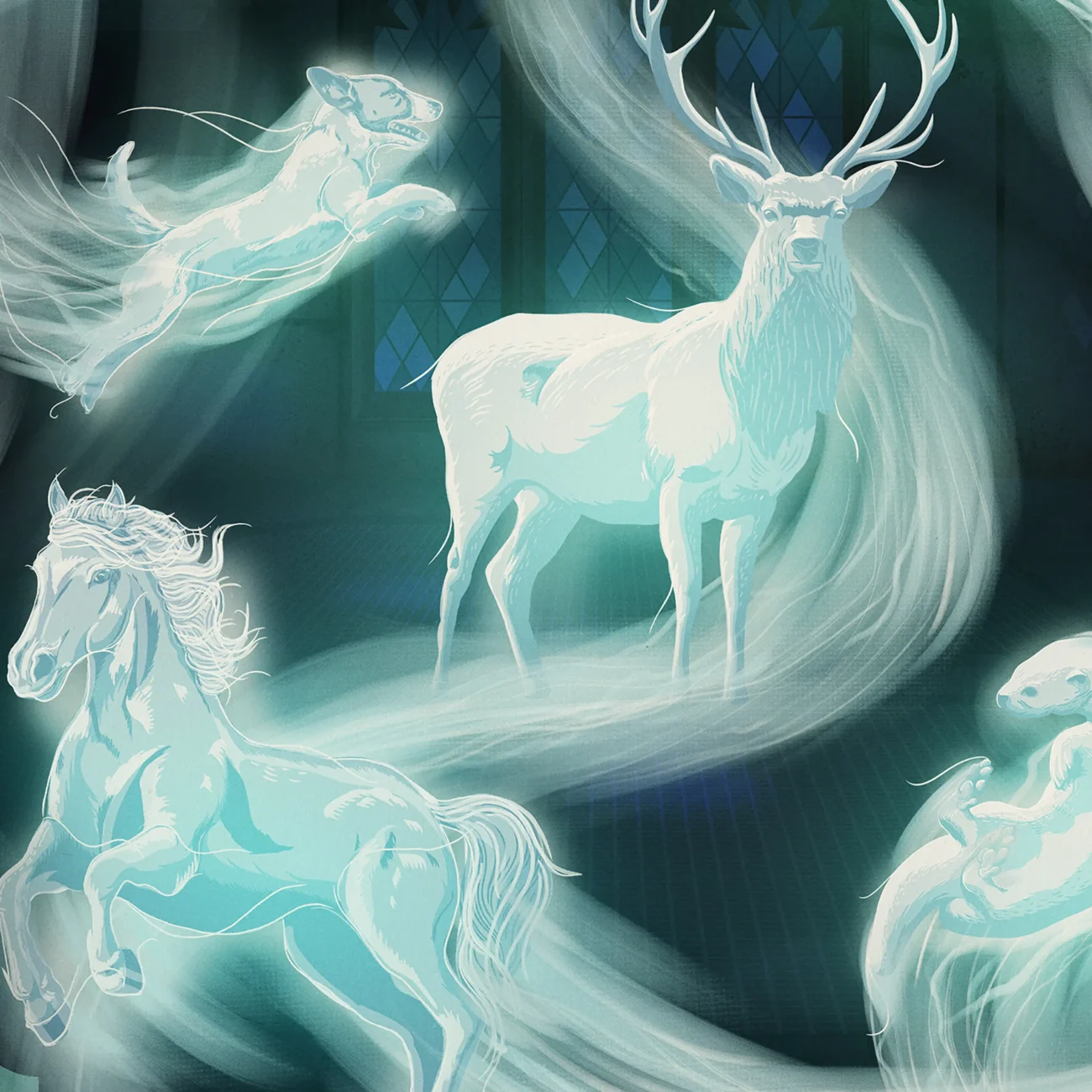 'Expecto Patronum' limited edition standard art print featuring a collection of magical Patronuses from the Harry Potter film series (detail)