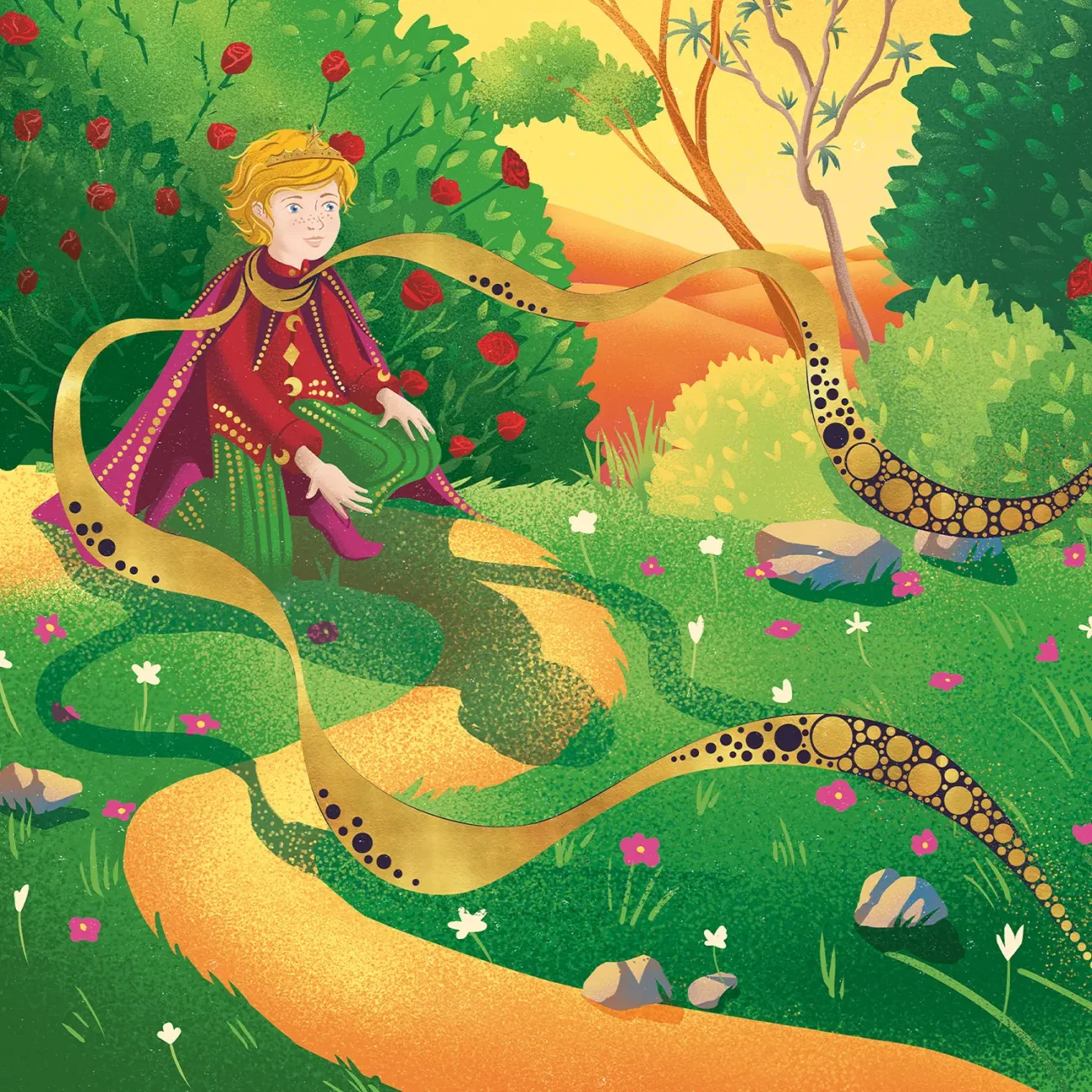 Limited edition art print "Come and play with me" featuring the encounter with The Fox, taken from MinaLima's Illustrated edition of 'The Little Prince' by Antoine de Saint-Exupéry (detail).