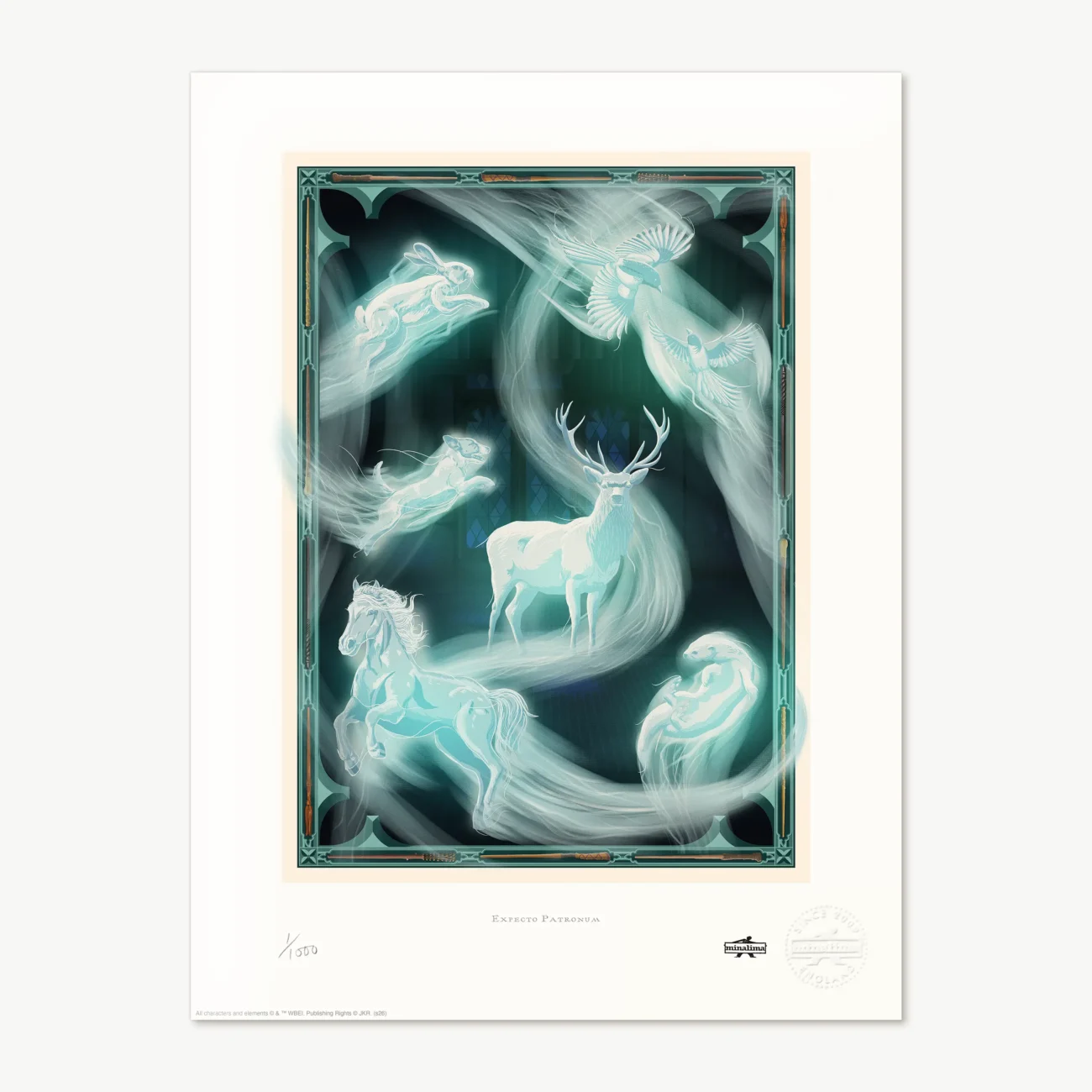 'Expecto Patronum' limited edition standard art print featuring a collection of magical Patronuses from the Harry Potter film series