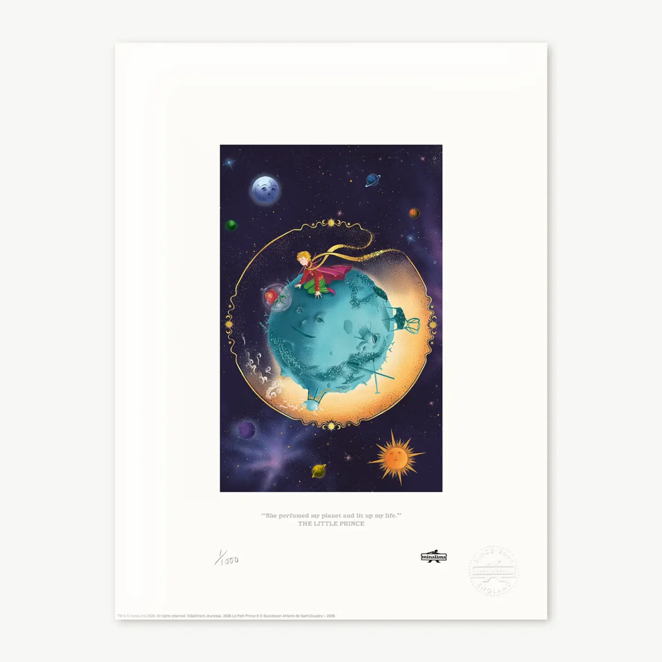 Limited edition art print “She perfumed my planet and lit up my life”, taken from The Little Prince by Antoine de Saint-Exupéry from the MinaLima Illustrated edition.