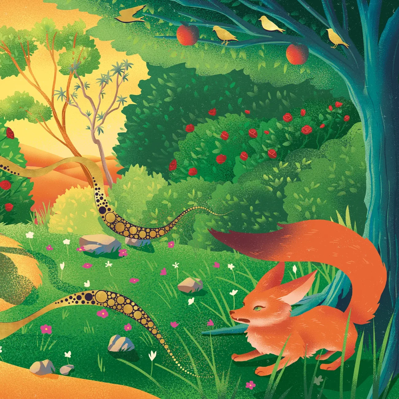 Limited edition art print "Come and play with me" featuring the encounter with The Fox, taken from MinaLima's Illustrated edition of 'The Little Prince' by Antoine de Saint-Exupéry (detail)