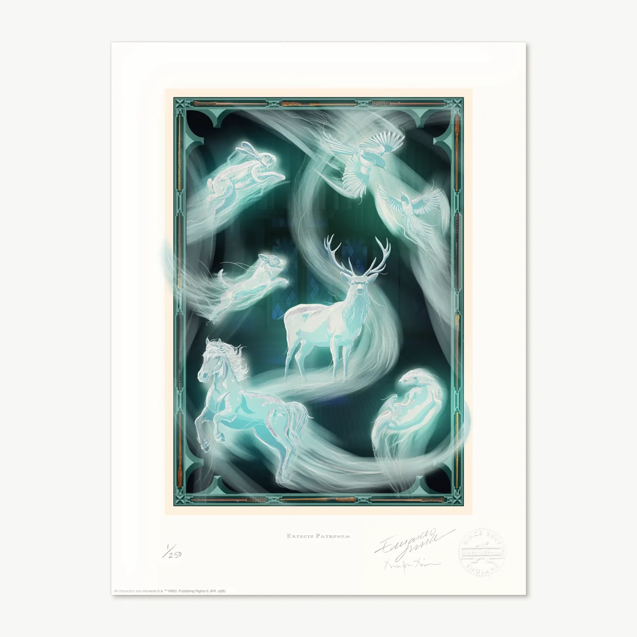 'Expecto Patronum' limited edition art print featuring a collection of magical Patronuses from the Harry Potter film series