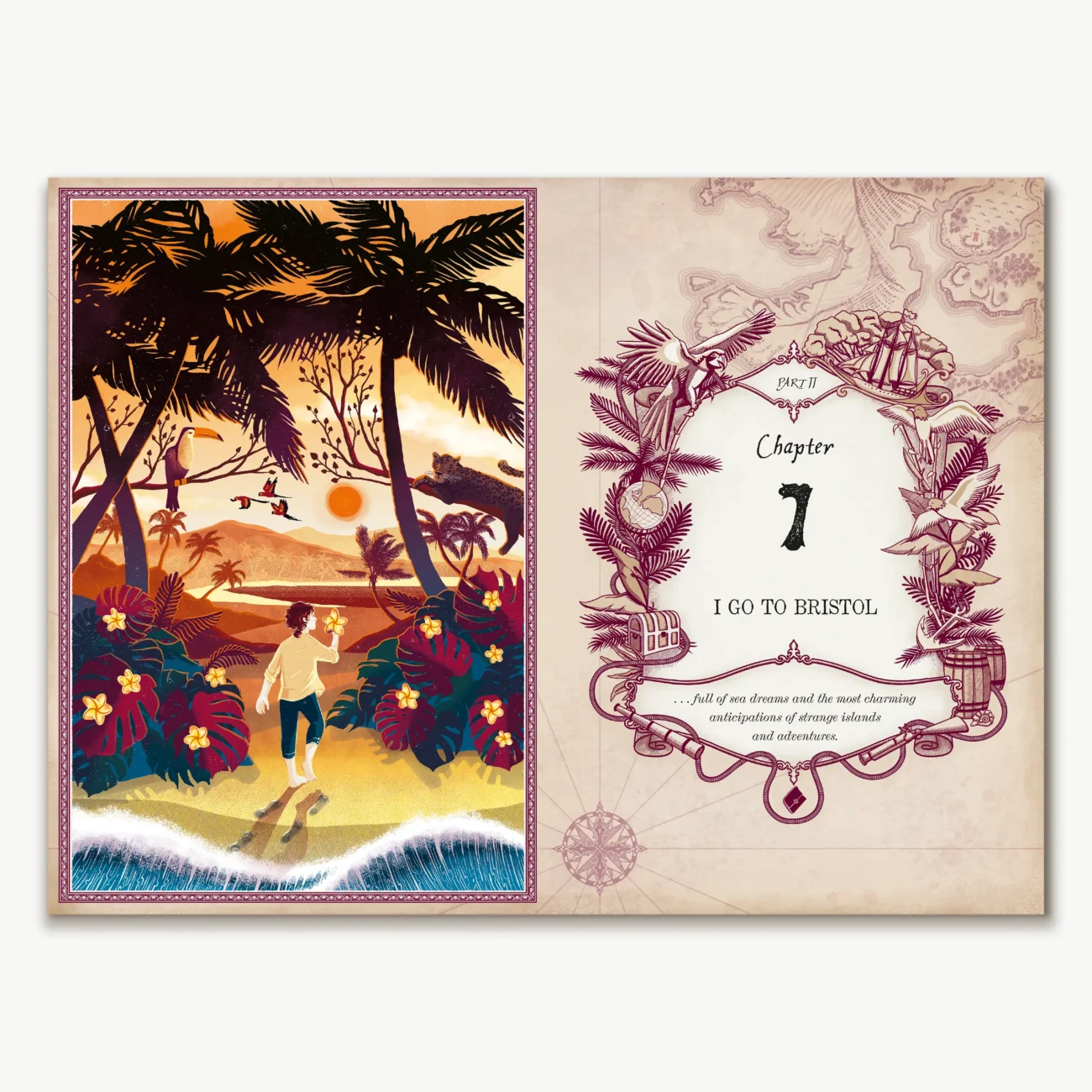 Treasure Island by Robert Louis Stevenson (MinaLima Edition) - Chapter 7 title page and illustration of Jim Hawkins.