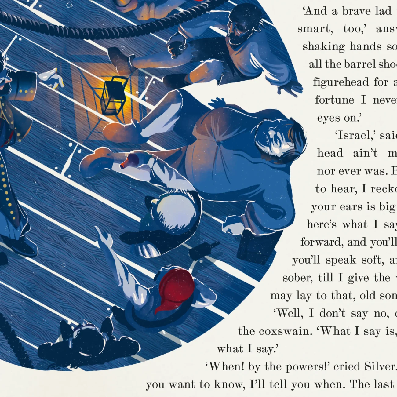 Treasure Island by Robert Louis Stevenson (MinaLima Edition) - illustration of Long John Silver and his crew from Chapter 11 (detail)