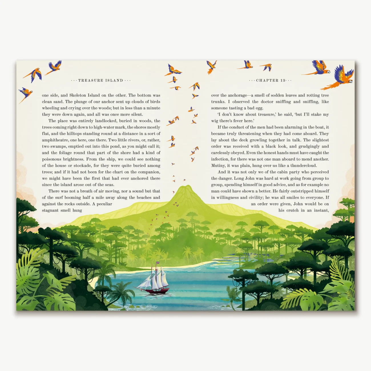 Treasure Island by Robert Louis Stevenson (MinaLima Edition) double page illustration from Chapter 13 of the ship reaching Skeleton Island.