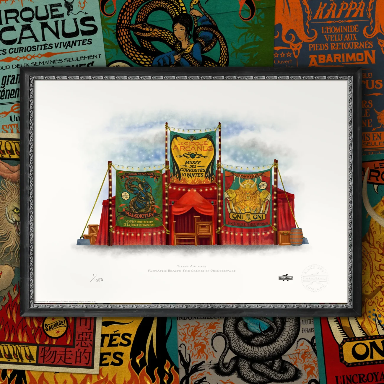 Circus Arcanus limited edition art print based on the graphic props from Fantastic Beasts: The Crimes of Gridelwald (framed view)