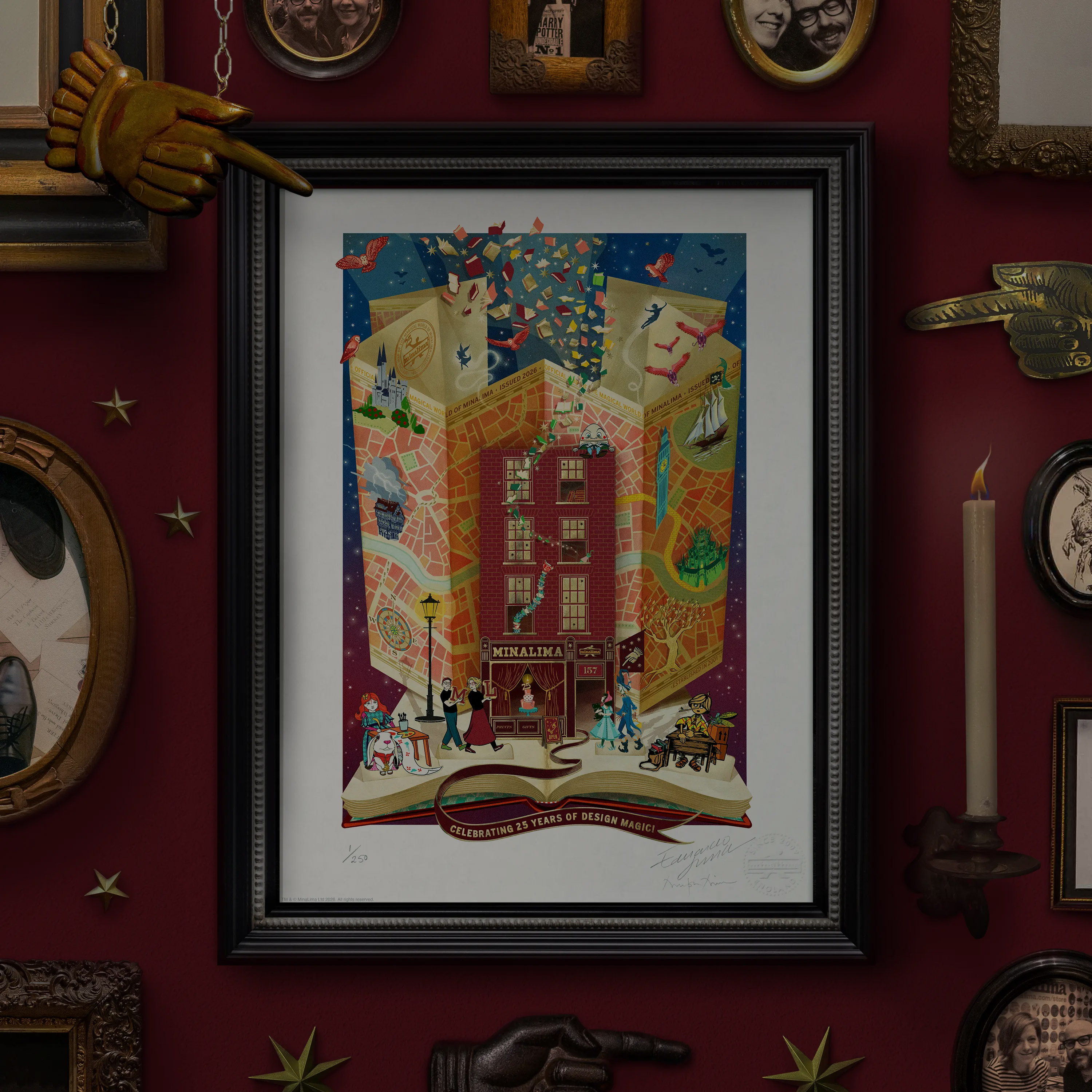 MinaLima anniversary hand-signed limited edition art print celebrating 25 years of design magic (framed view)