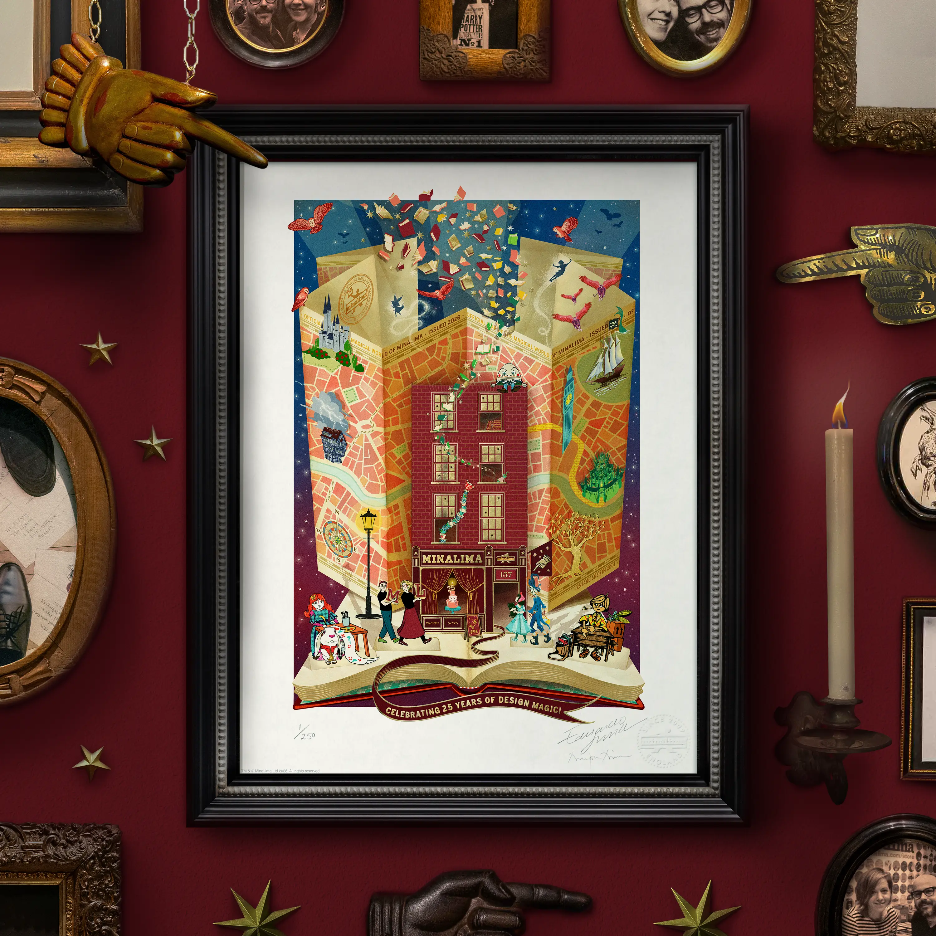 MinaLima anniversary hand-signed limited edition art print celebrating 25 years of design magic (framed view)