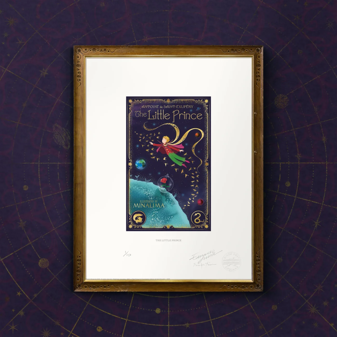 The Little Prince by Antoine de Saint-Exupéry - limited edition art print of the book cover of the MinaLima Illustrated (English) edition (framed view)